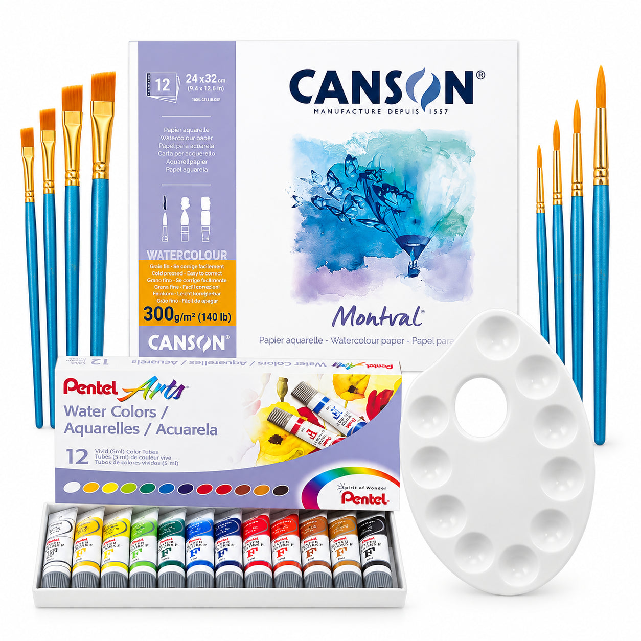 Kit Aquarela Pentel 12 Cores Canson Montval A4+ 300g 8 Pincéis e Godê