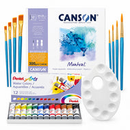 Kit Aquarela Pentel 12 Cores Canson Montval A4+ 300g 8 Pincéis e Godê