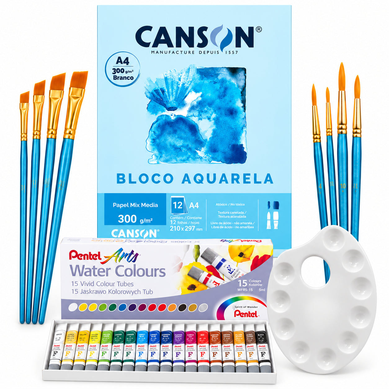 Kit Aquarela Pentel 15 Cores Canson A4 300g 8 Pincéis e Godê