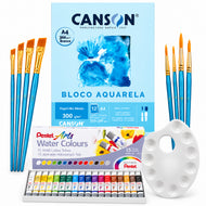 Kit Aquarela Pentel 15 Cores Canson A4 300g 8 Pincéis e Godê