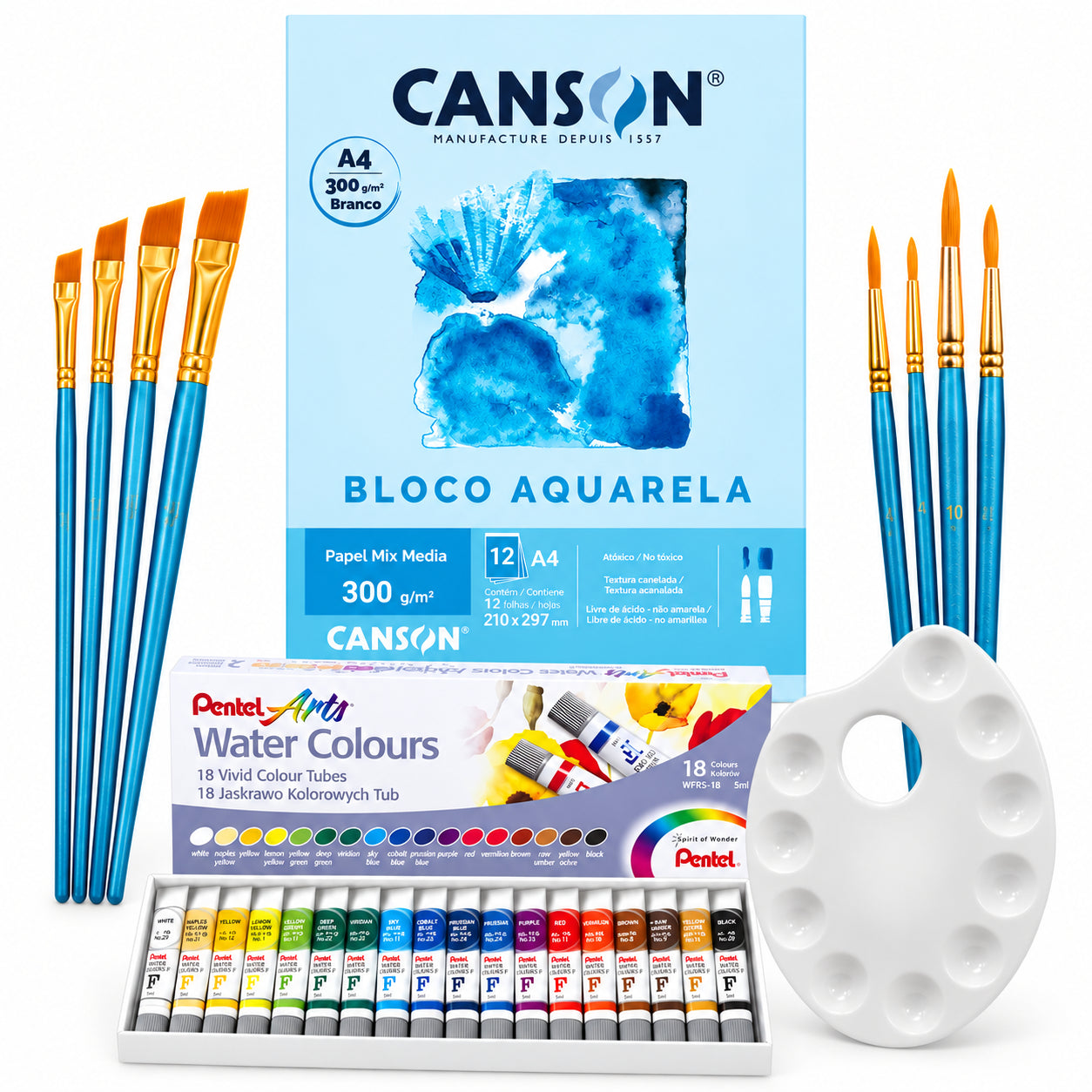 Kit Aquarela Pentel 18 Cores Canson A4 300g 8 Pincéis e Godê