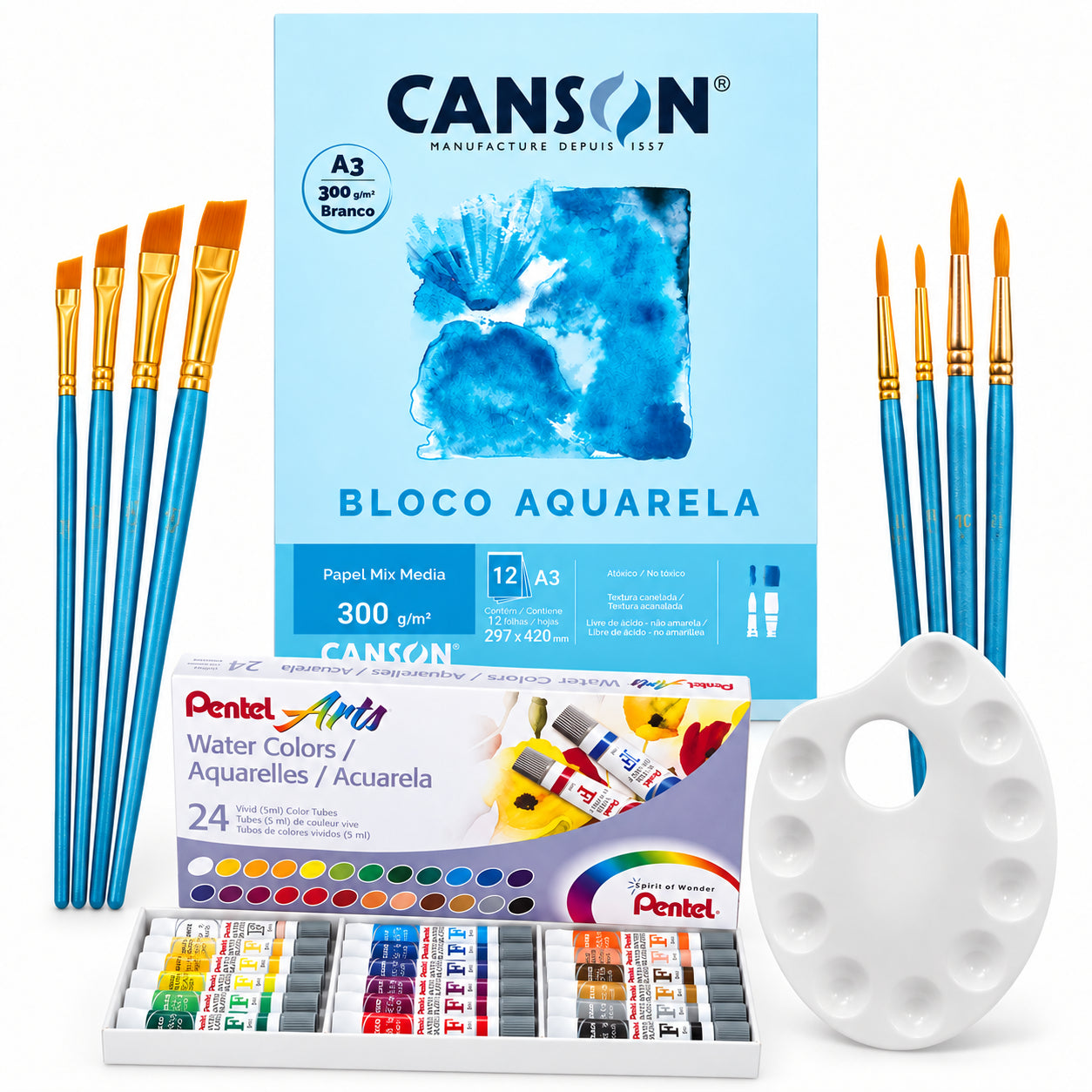 Kit Aquarela Pentel 24 Cores Canson A4 300g 8 Pincéis e Godê