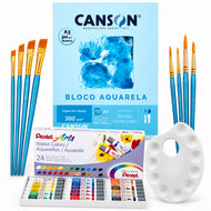 Kit Aquarela Pentel 24 Cores Canson A4 300g 8 Pincéis e Godê