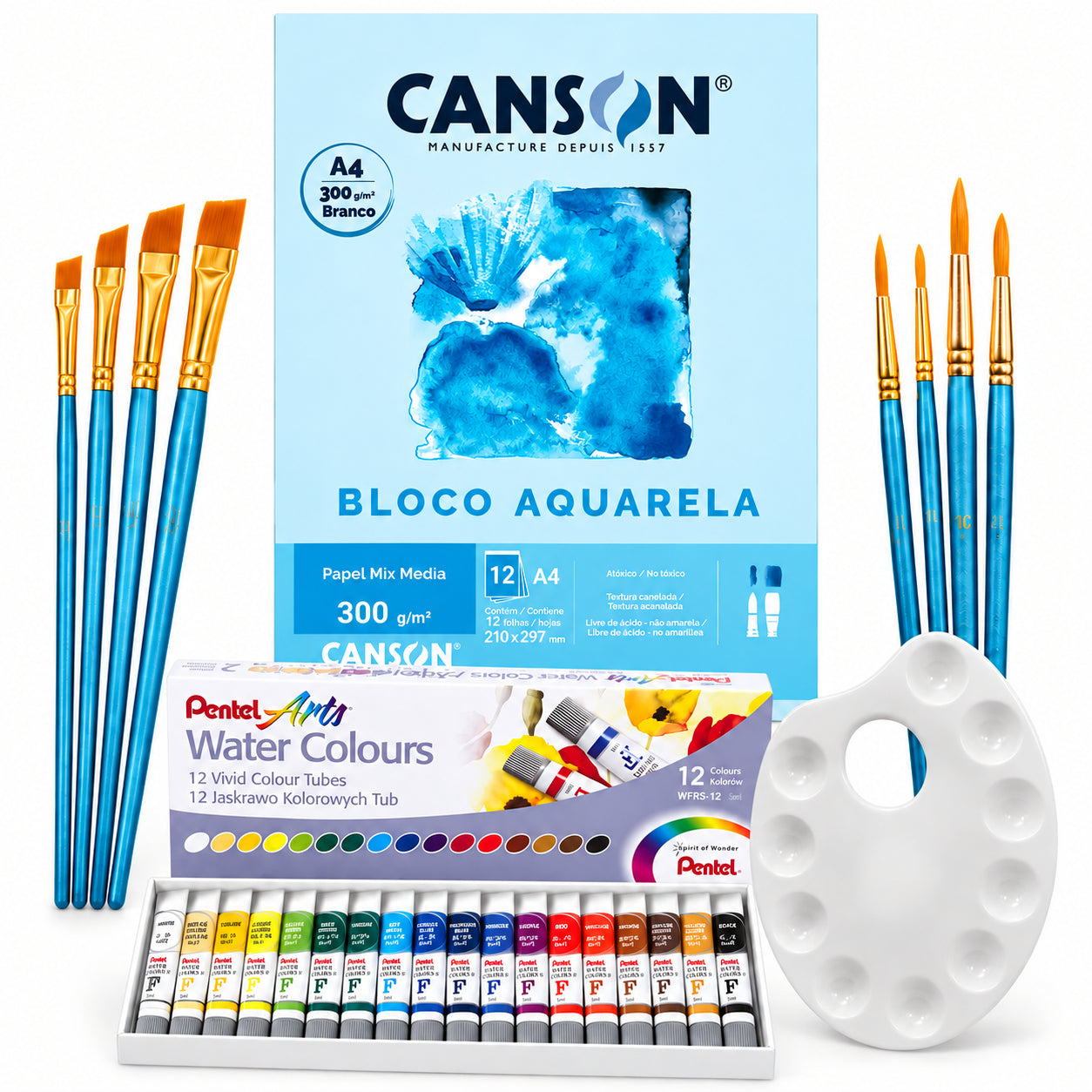 Kit Aquarela Pentel 12 Cores 5ml Canson A4 300g 8 Pincéis e Godê