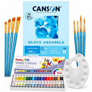Kit Aquarela Pentel 12 Cores 5ml Canson A4 300g 8 Pincéis e Godê