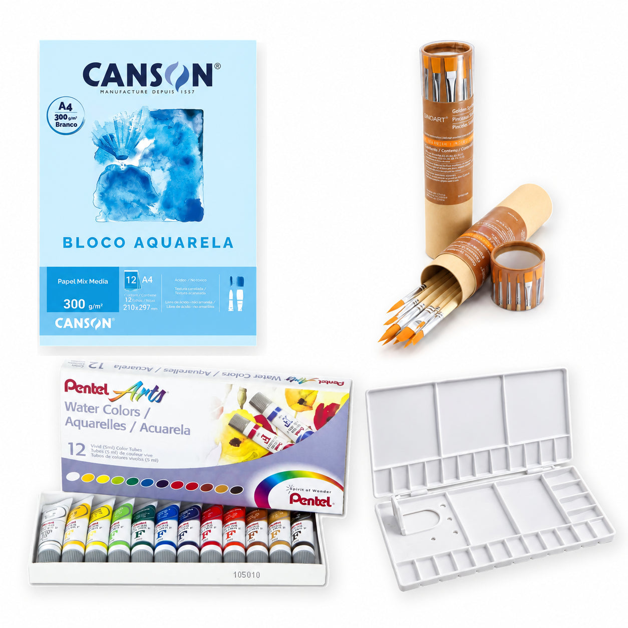 Kit Aquarela Pentel 12 Cores Canson A4 300g 12 Pincéis Sinoart e Godê