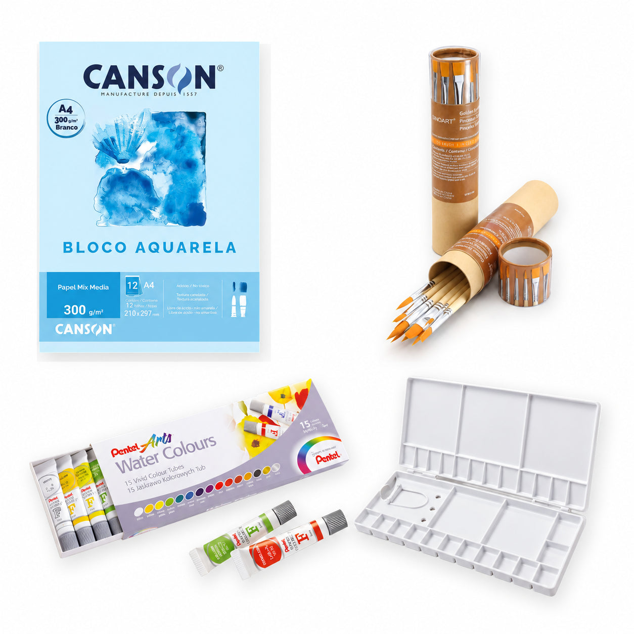 Kit Aquarela Pentel 15 Cores Canson A4 300g 12 Pincéis Sinoart e Godê