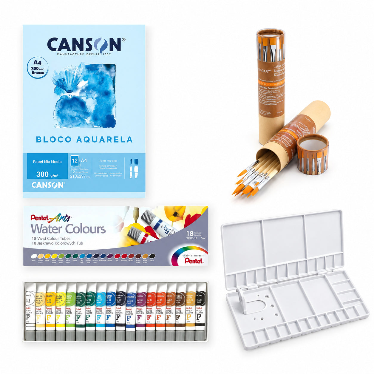 Kit Aquarela Pentel 18 Cores Canson A4 300g 12 Pincéis Sinoart e Godê