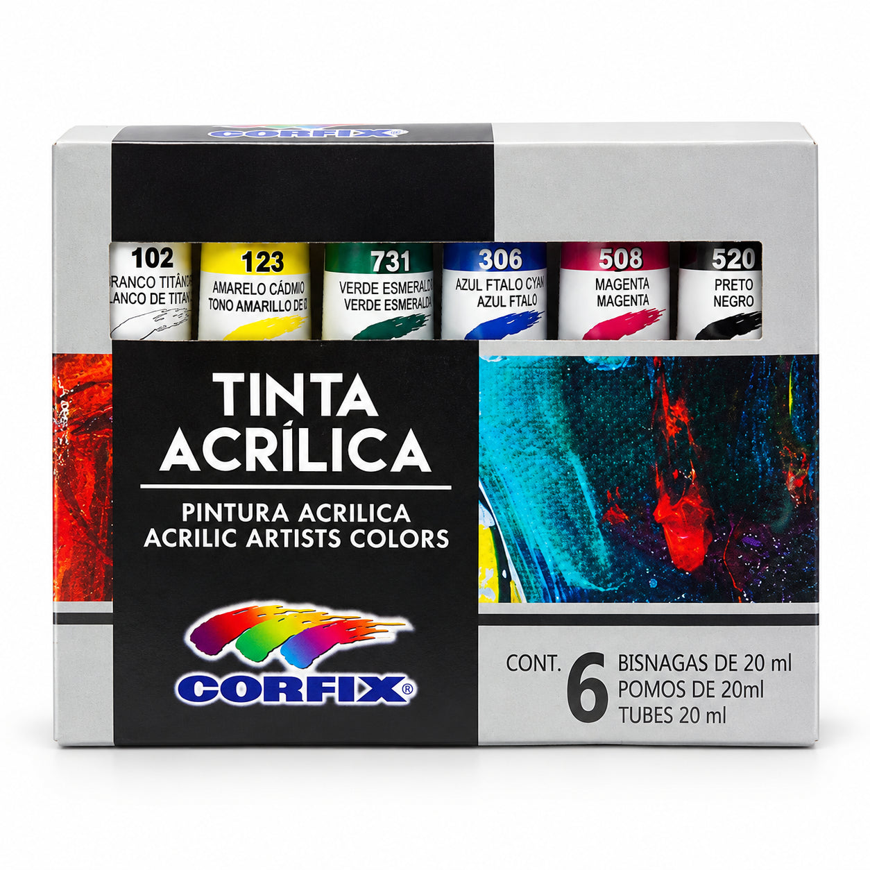 Kit Pintura Acrílica Corfix 6 Cores 20ml 6 Pincéis e Godê Condor