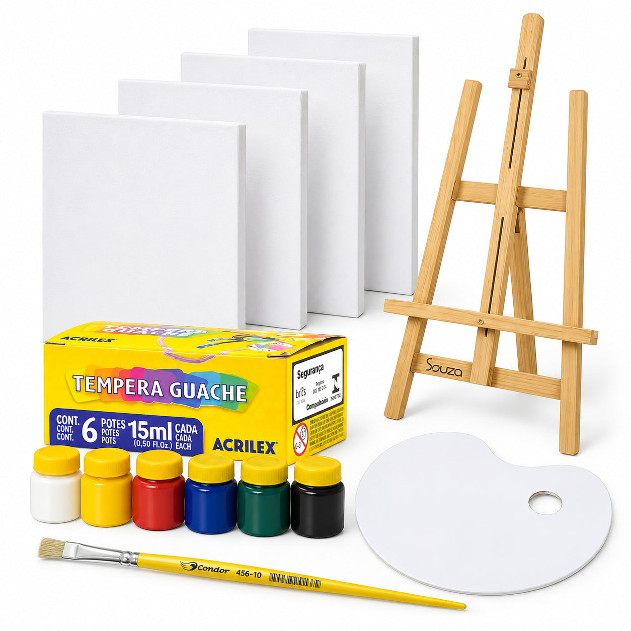 Kit Pintura com Cavalete 4 Telas 20x30cm Pincel Guache e Paleta
