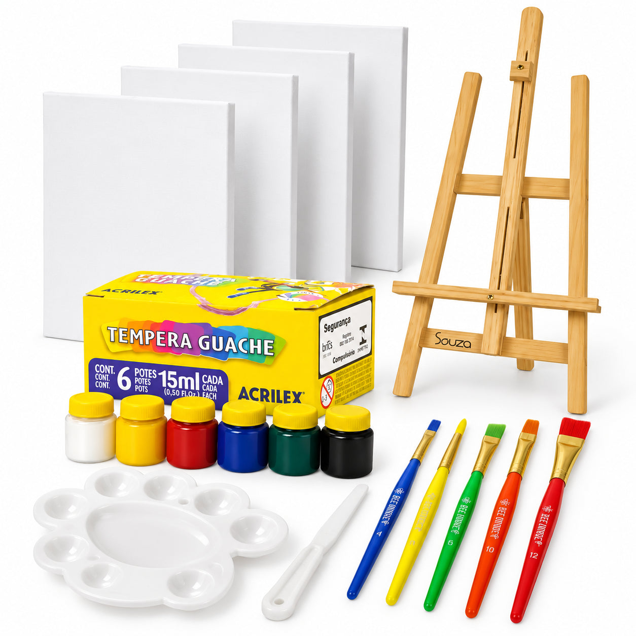 Kit Pintura Infantil com Cavalete 4 Telas 20x30cm e Guache Acrilex
