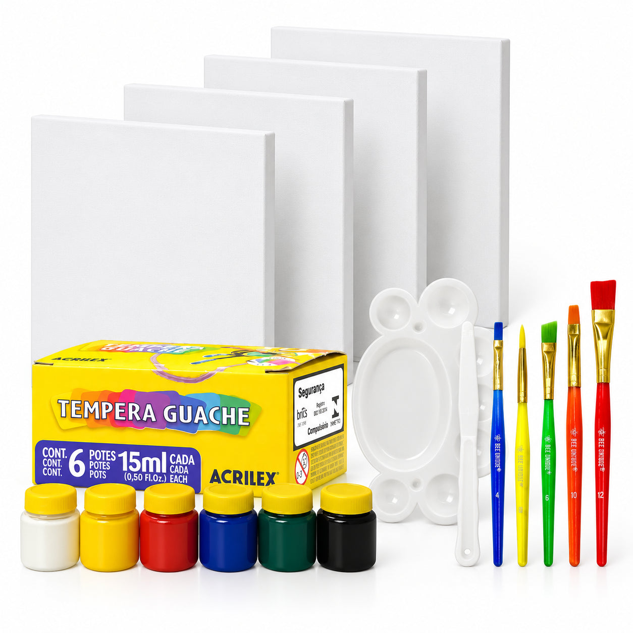 Kit Pintura Infantil 4 Telas 27x35cm Guache Godê e 5 Pincéis