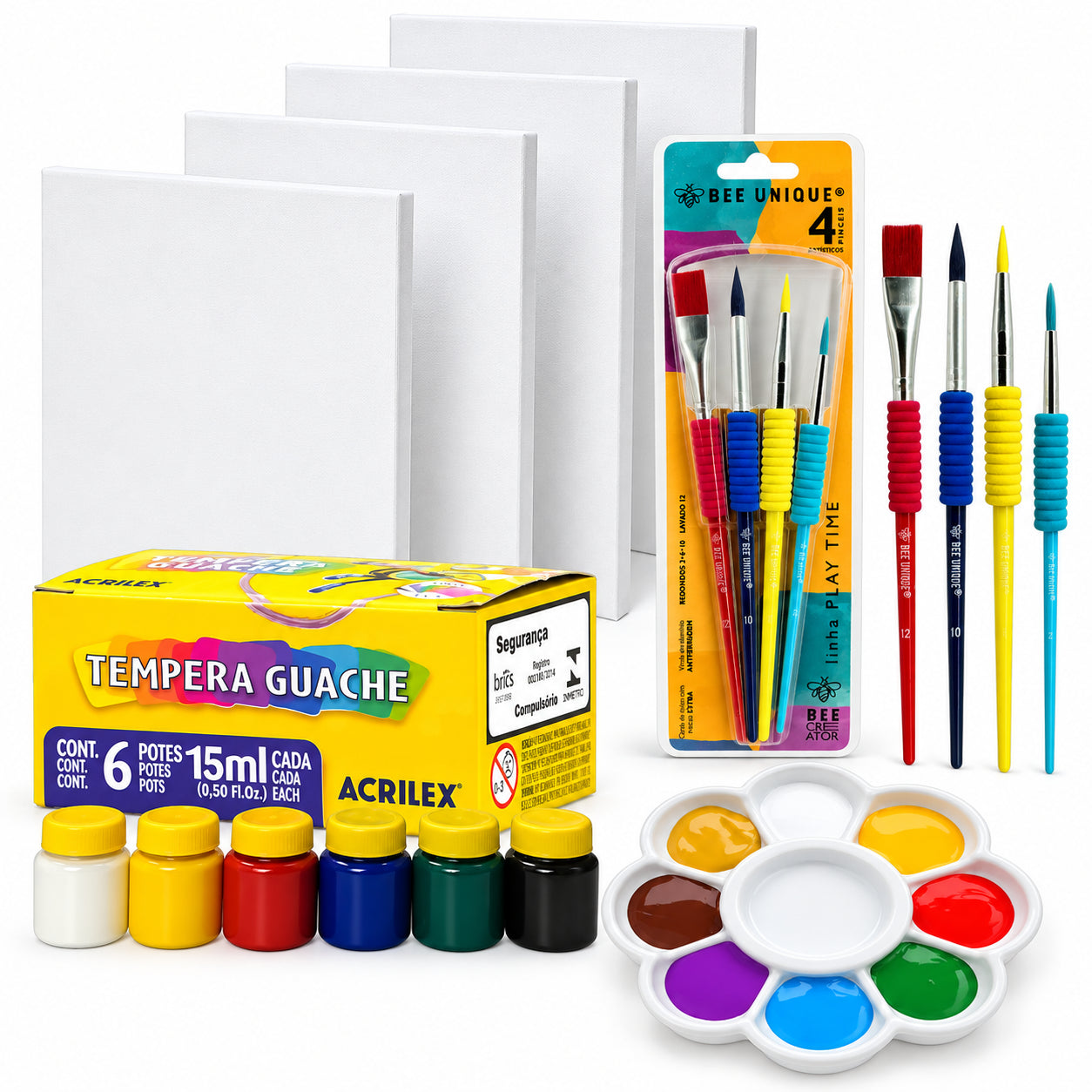 Kit Pintura Infantil Acrilex 4 Telas 16x22cm Guache Pincéis e Godê