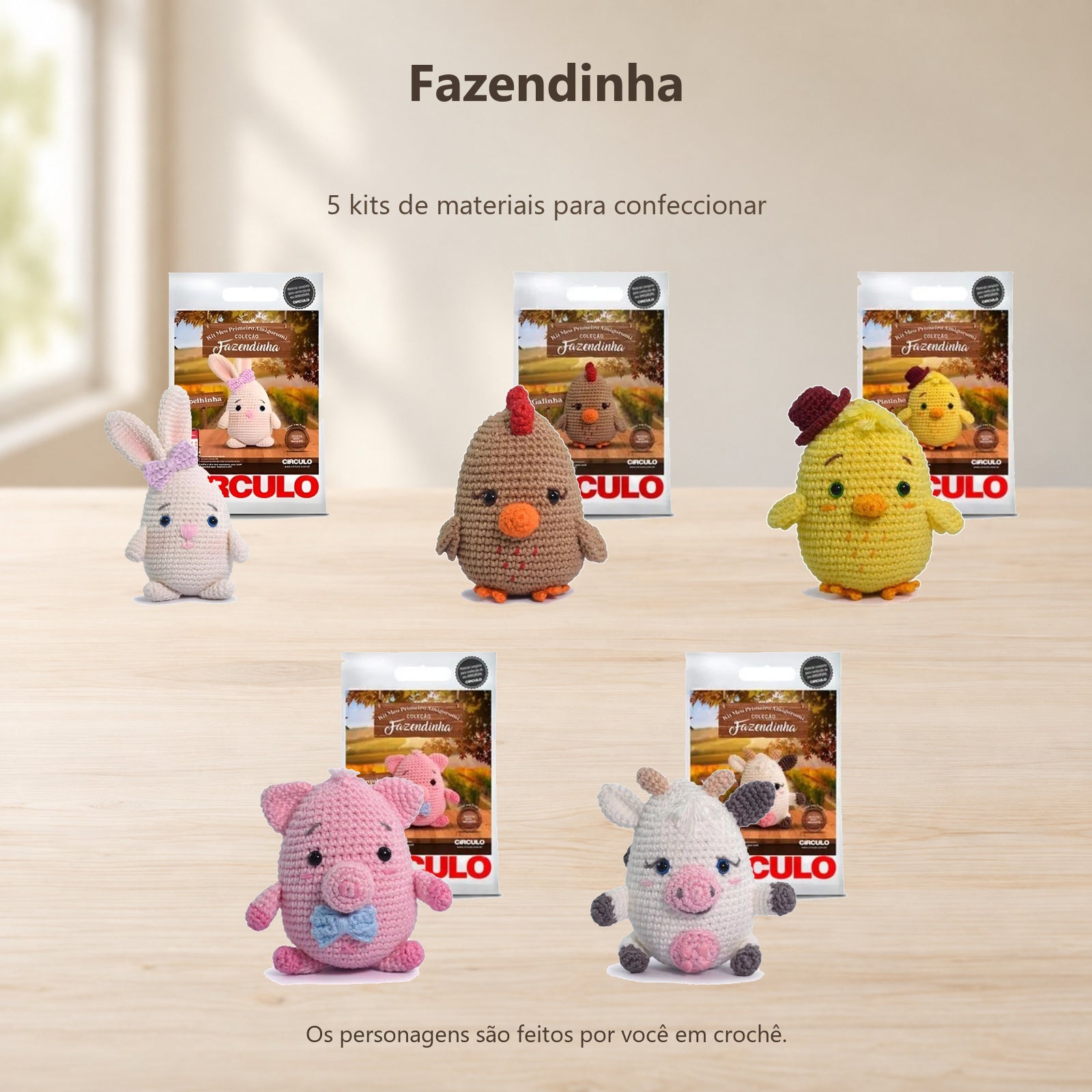 Kit 5 Amigurumis Fazendinha Iniciante Crochê Círculo