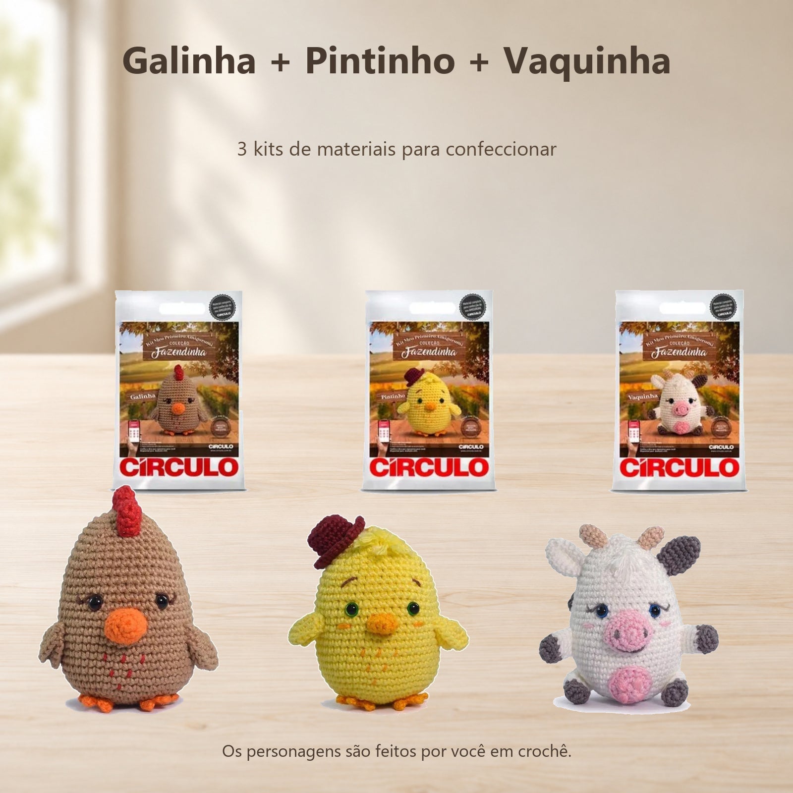 Kit 3 Amigurumis Galinha Pintinho Vaquinha Círculo