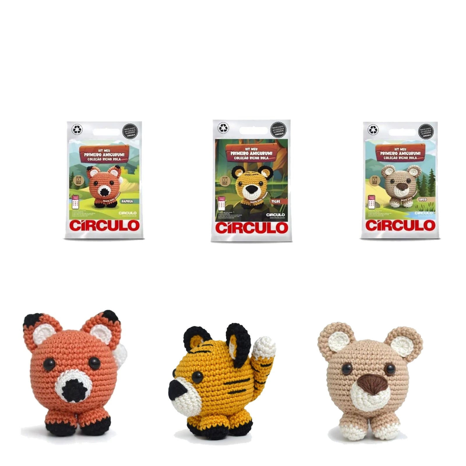 Kit 3 Amigurumis Raposa Tigre Urso Bicho Bola Círculo