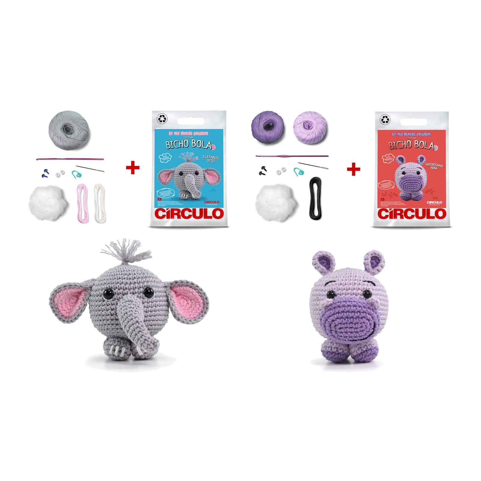 Kit 2 Amigurumis Elefante Otto Hipopótamo Nina Círculo