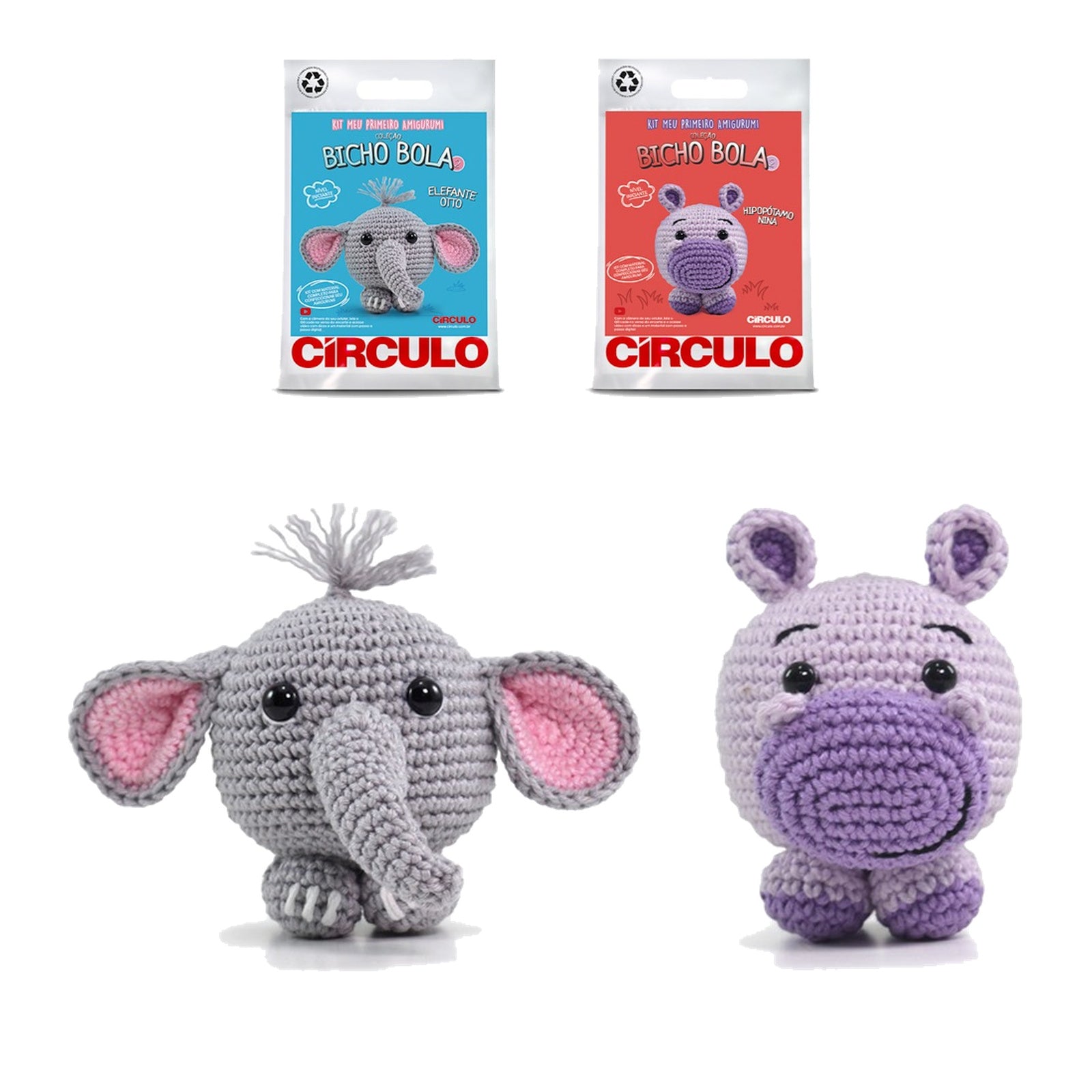 Kit 2 Amigurumis Elefante Otto Hipopótamo Nina Círculo