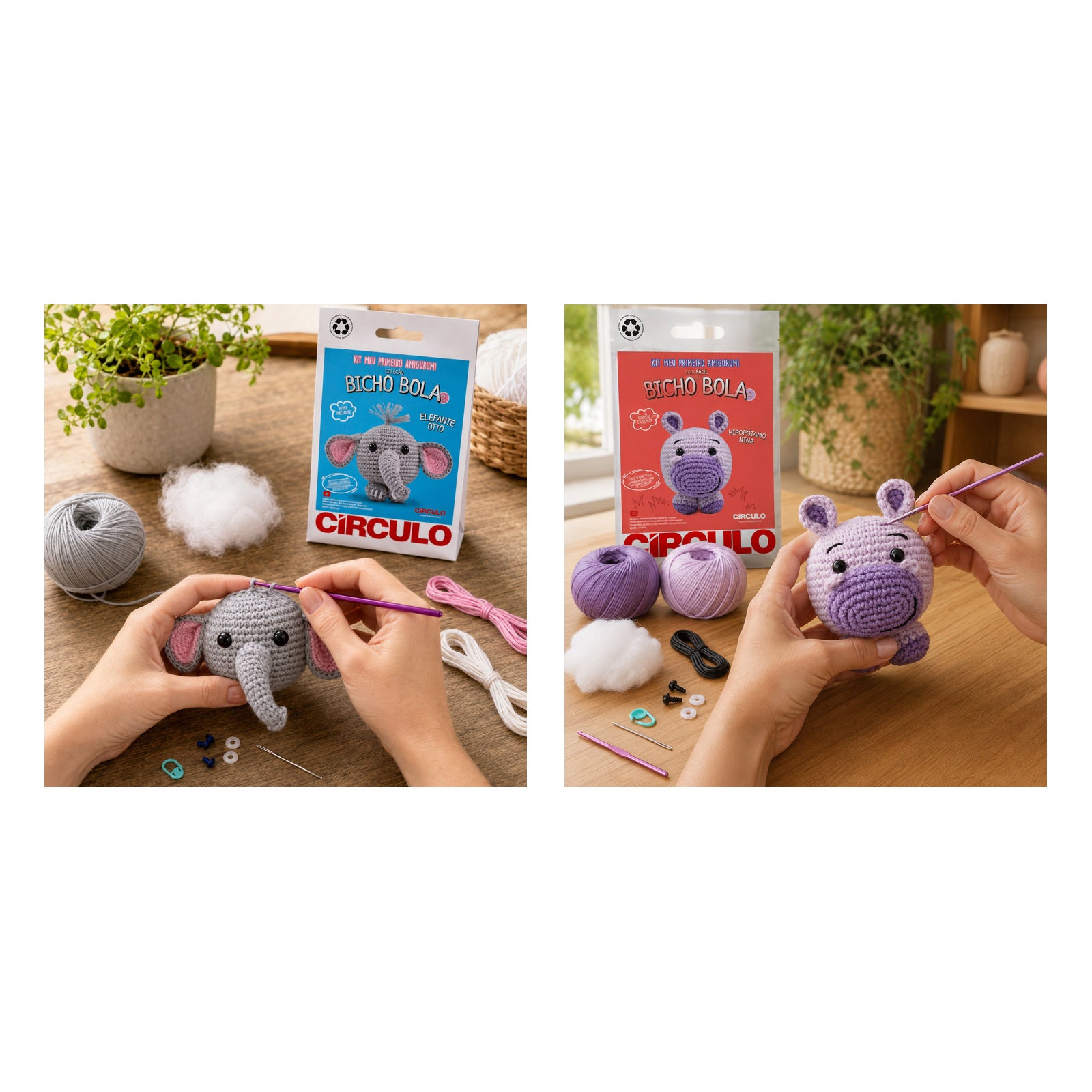 Kit 2 Amigurumis Elefante Otto Hipopótamo Nina Círculo