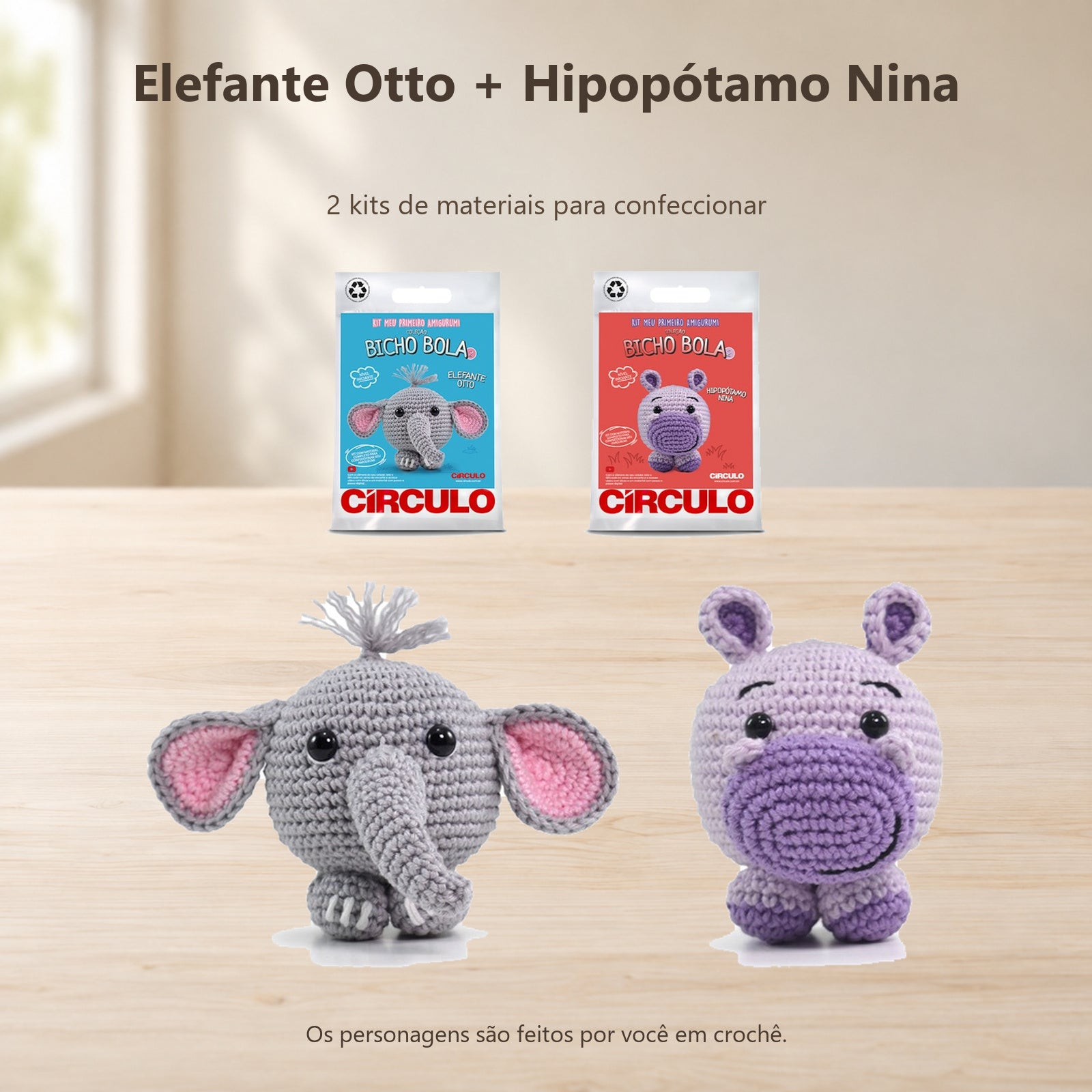 Kit 2 Amigurumis Elefante Otto Hipopótamo Nina Círculo