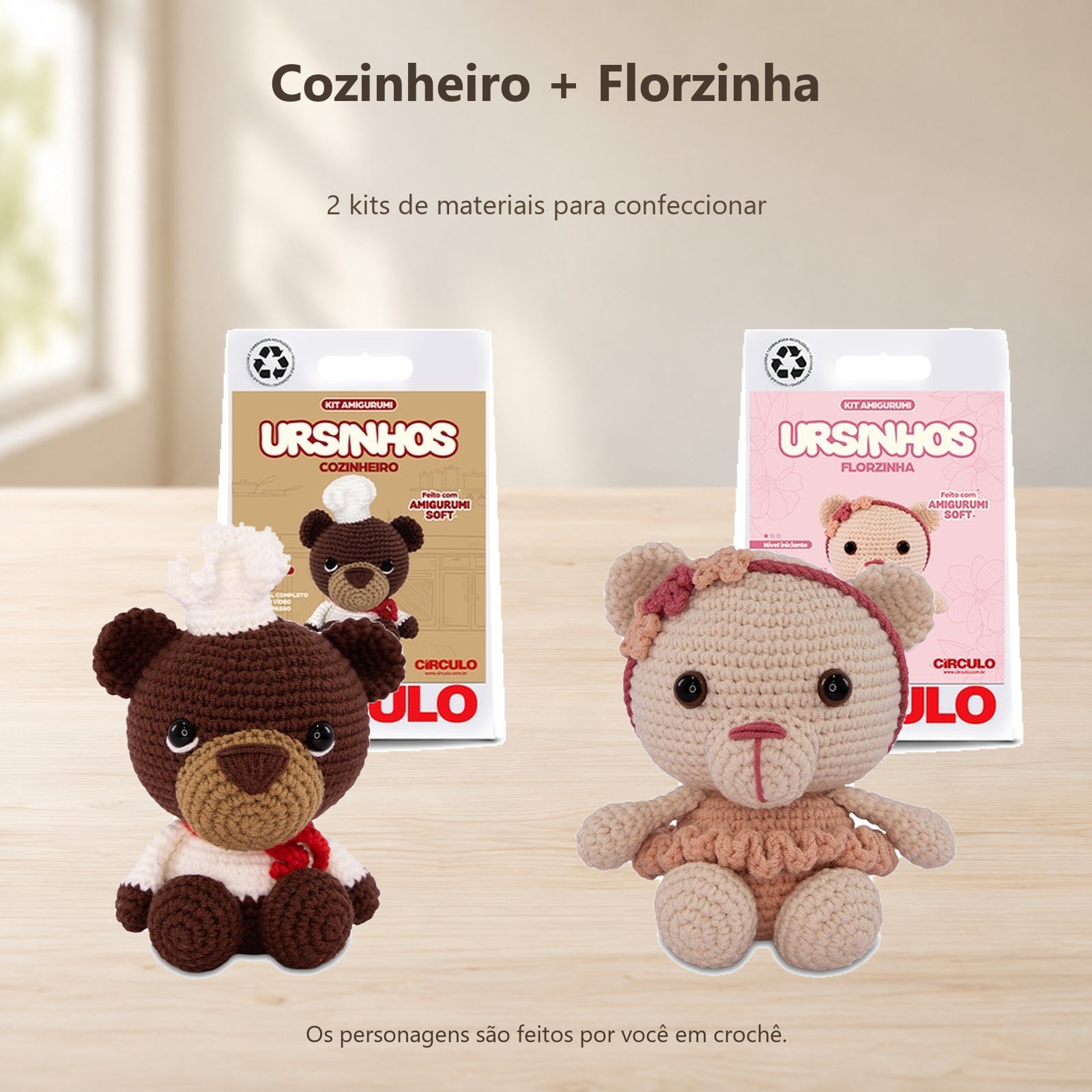 Kit 2 Amigurumis Ursinhos Cozinheiro Florzinha Círculo