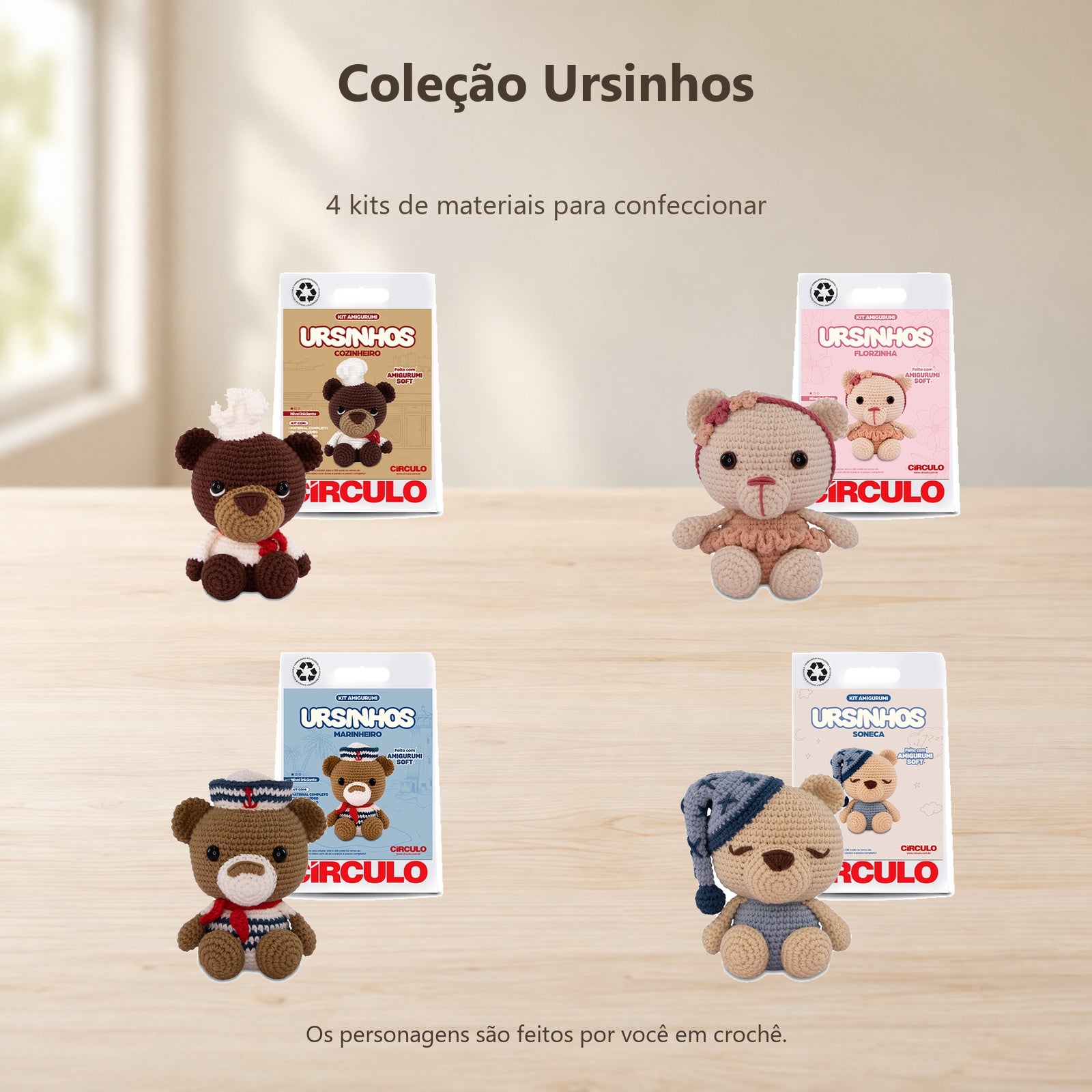Kit 4 Ursinhos Amigurumi Soft Círculo para Crochê