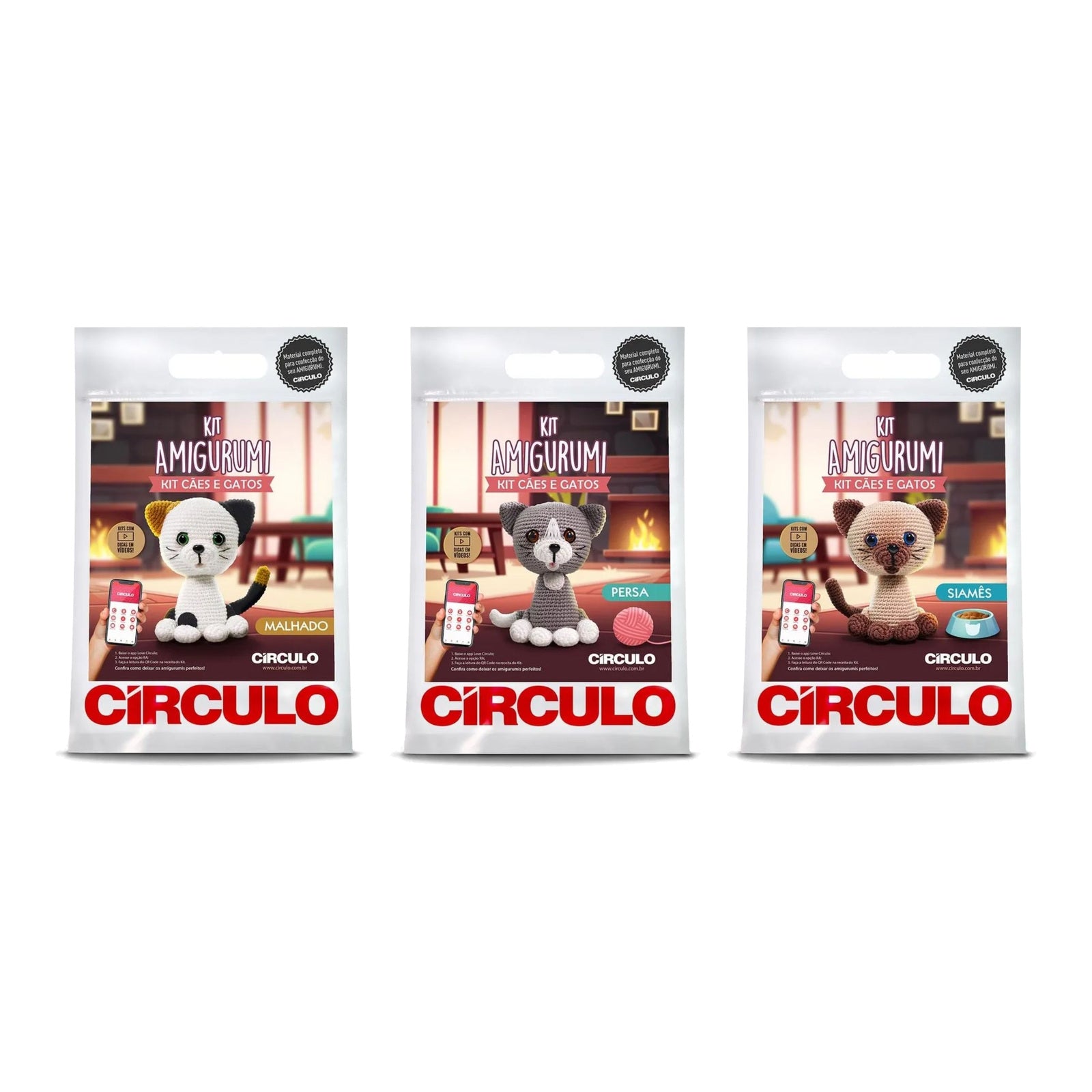 Kit 3 Gatos Amigurumi Malhado Persa Siamês Círculo