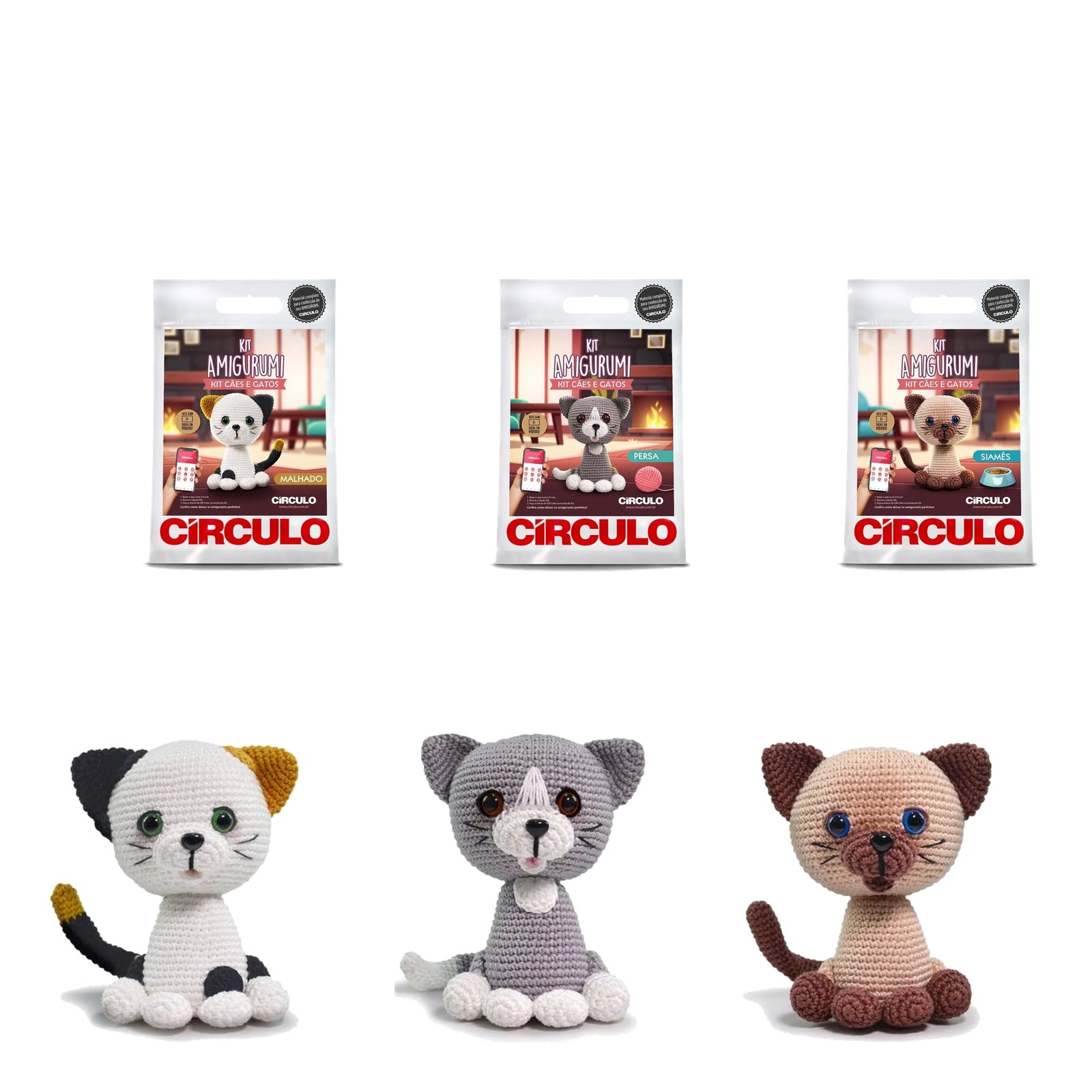 Kit 3 Gatos Amigurumi Malhado Persa Siamês Círculo
