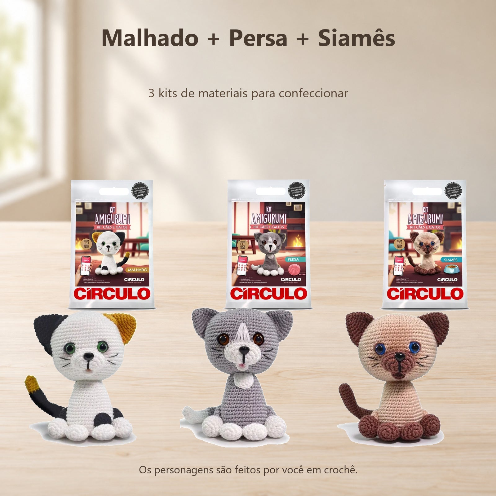 Kit 3 Gatos Amigurumi Malhado Persa Siamês Círculo