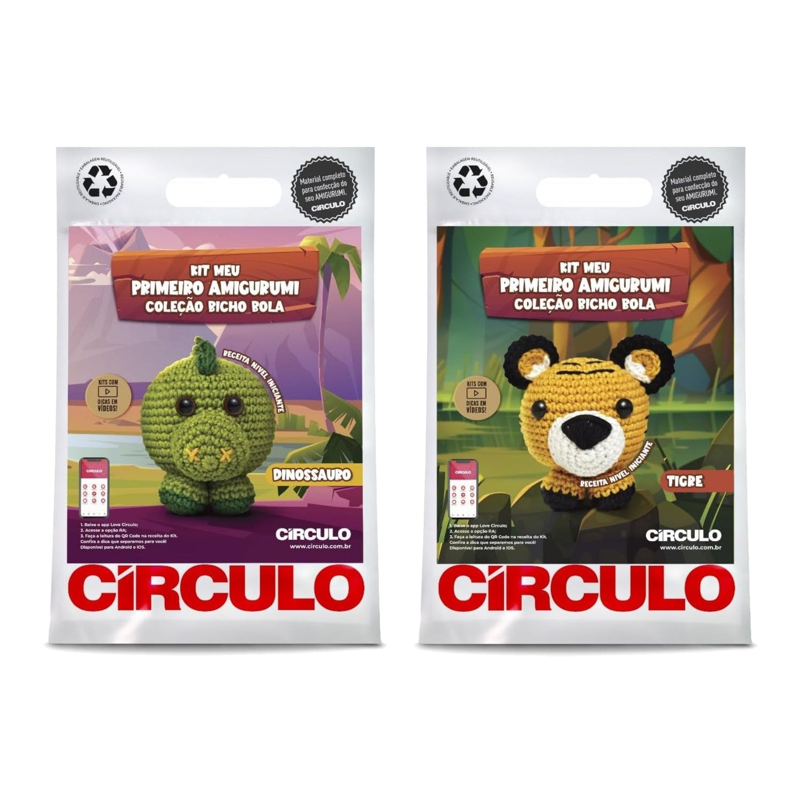 Kit 2 Amigurumis Dinossauro Tigre Bicho Bola Círculo