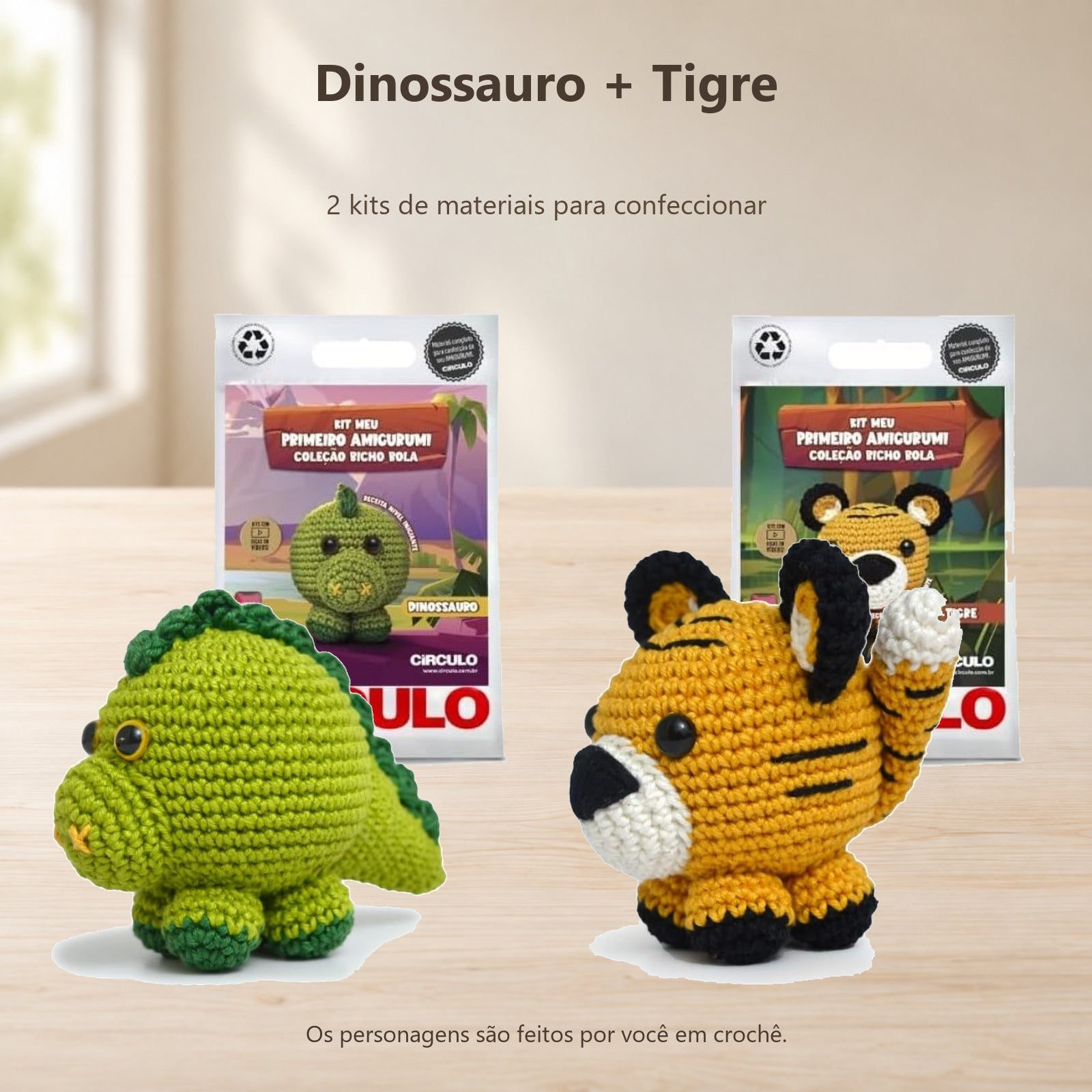 Kit 2 Amigurumis Dinossauro Tigre Bicho Bola Círculo