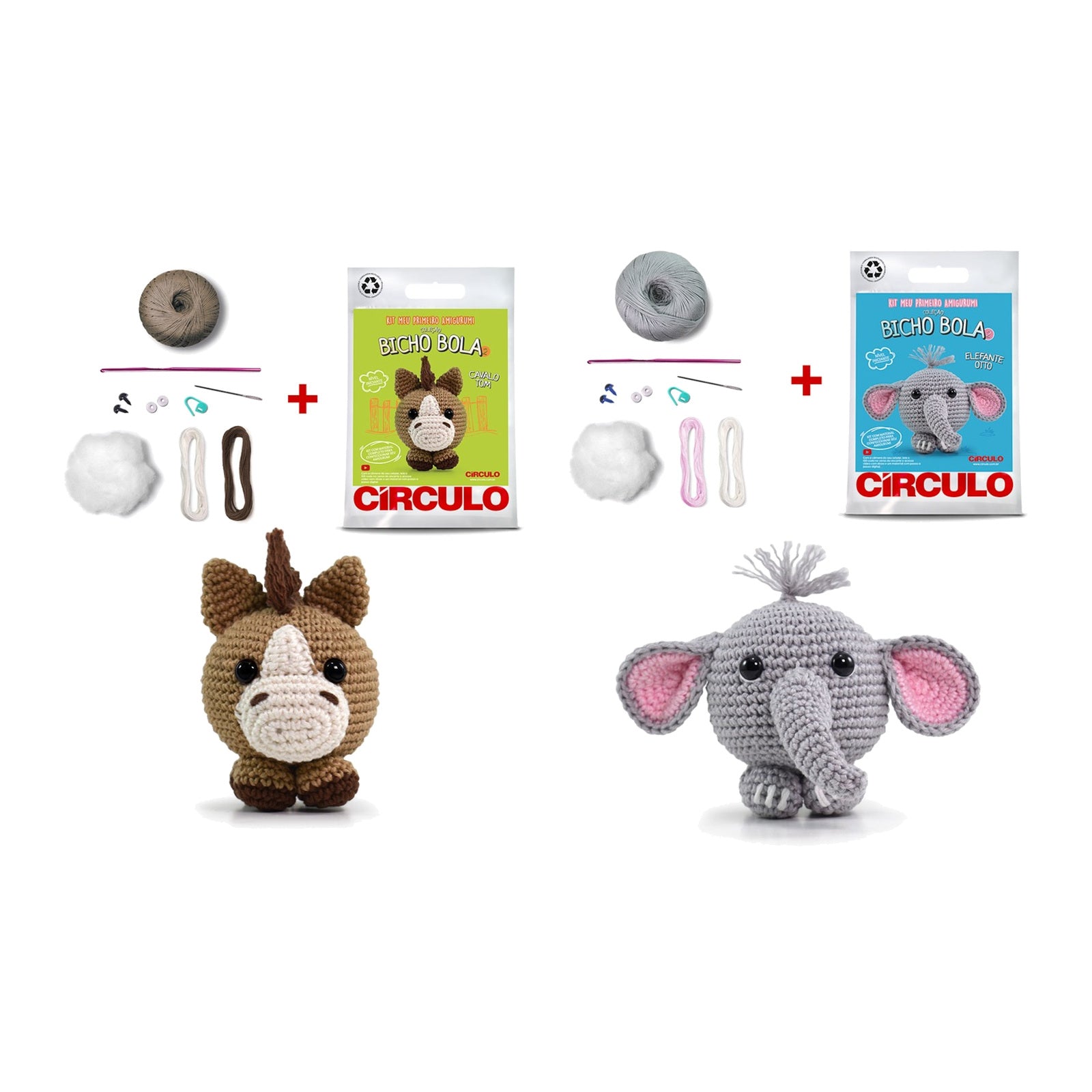 Kit 2 Amigurumis Cavalo Tom Elefante Otto Círculo