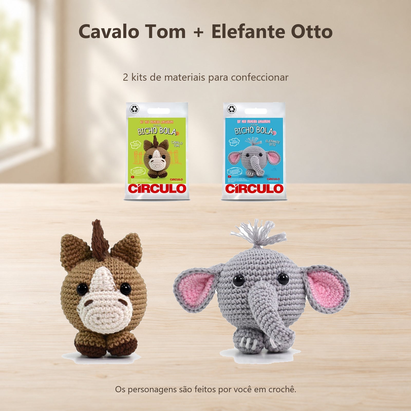 Kit 2 Amigurumis Cavalo Tom Elefante Otto Círculo