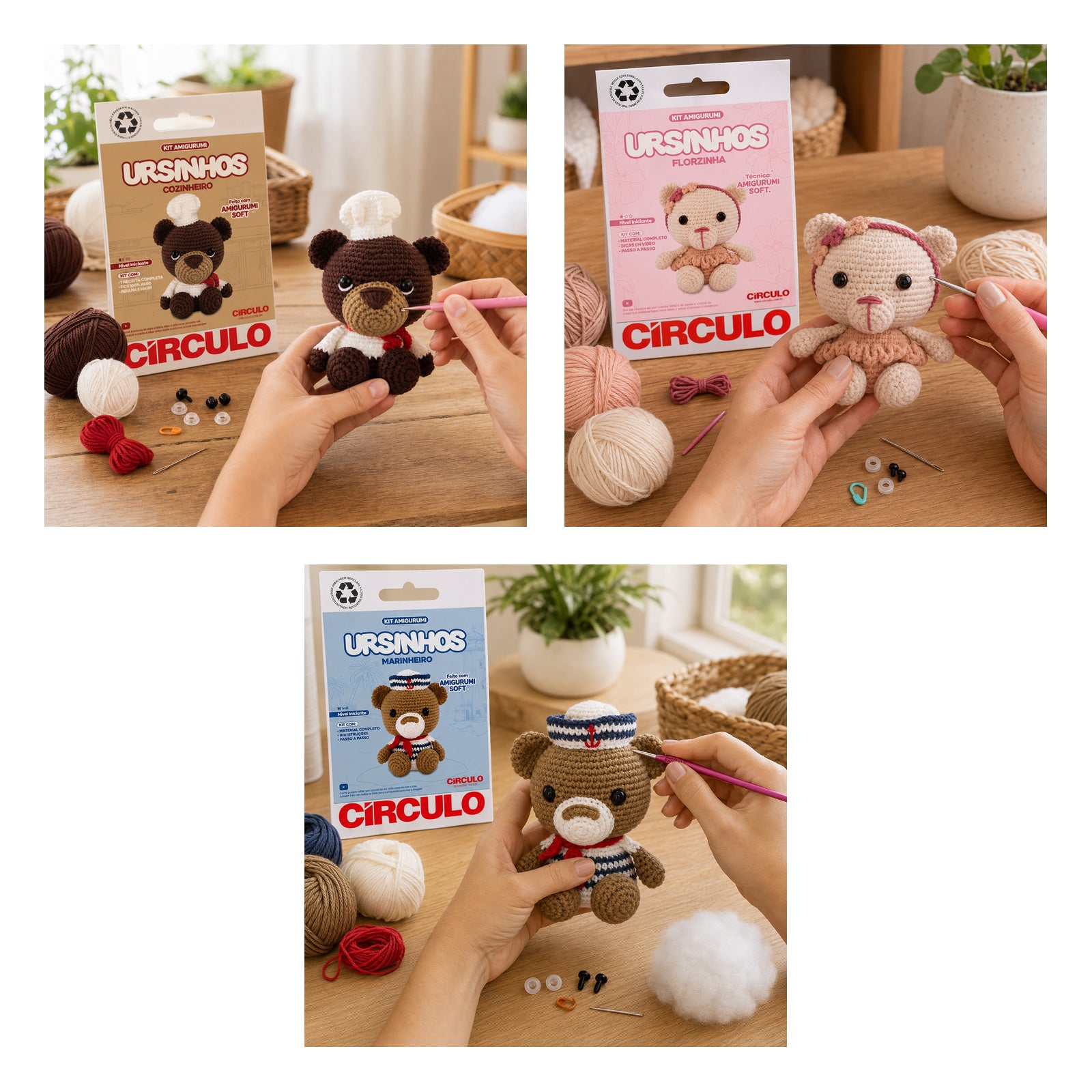 Kit 3 Ursinhos Amigurumi Cozinheiro Florzinha Marinheiro