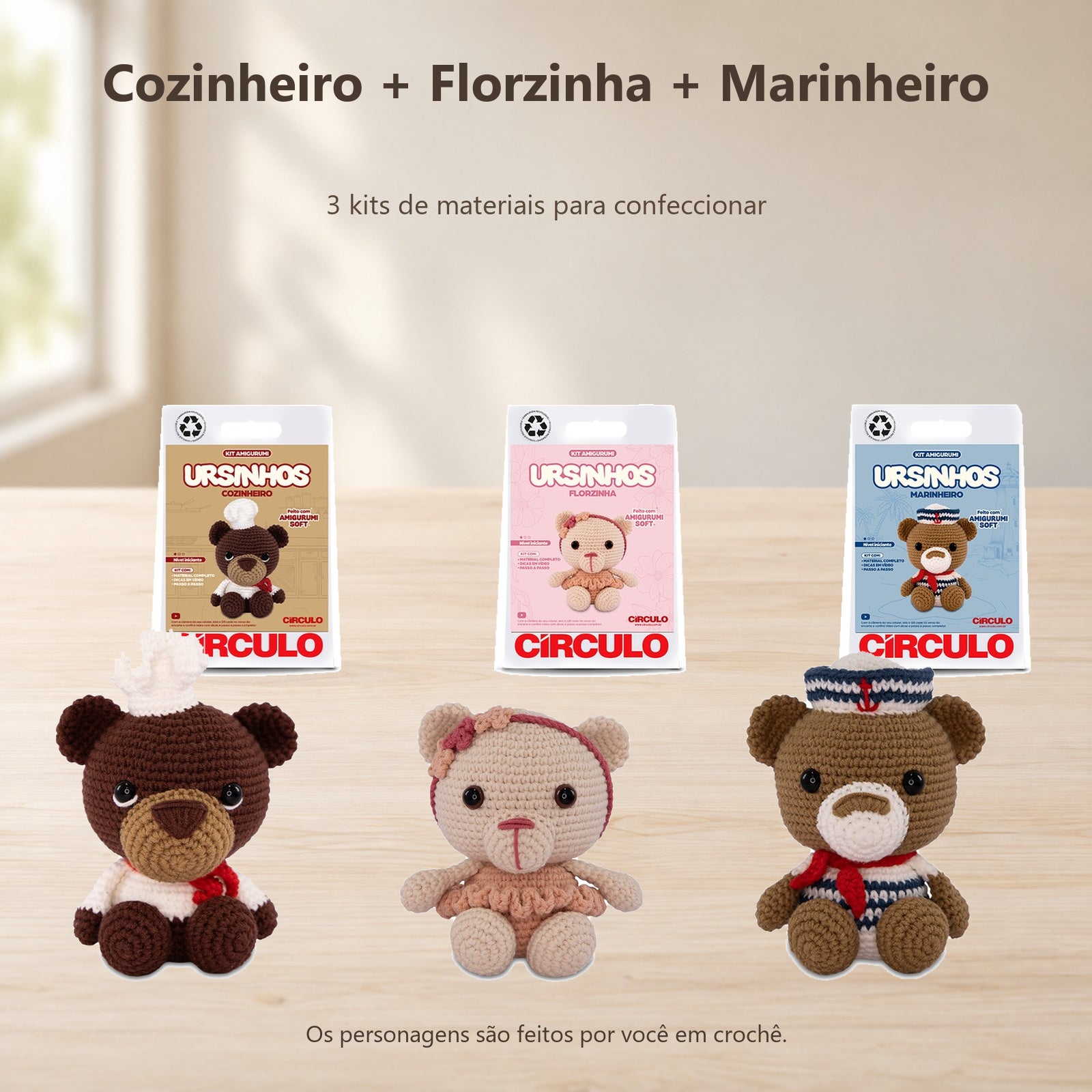 Kit 3 Ursinhos Amigurumi Cozinheiro Florzinha Marinheiro