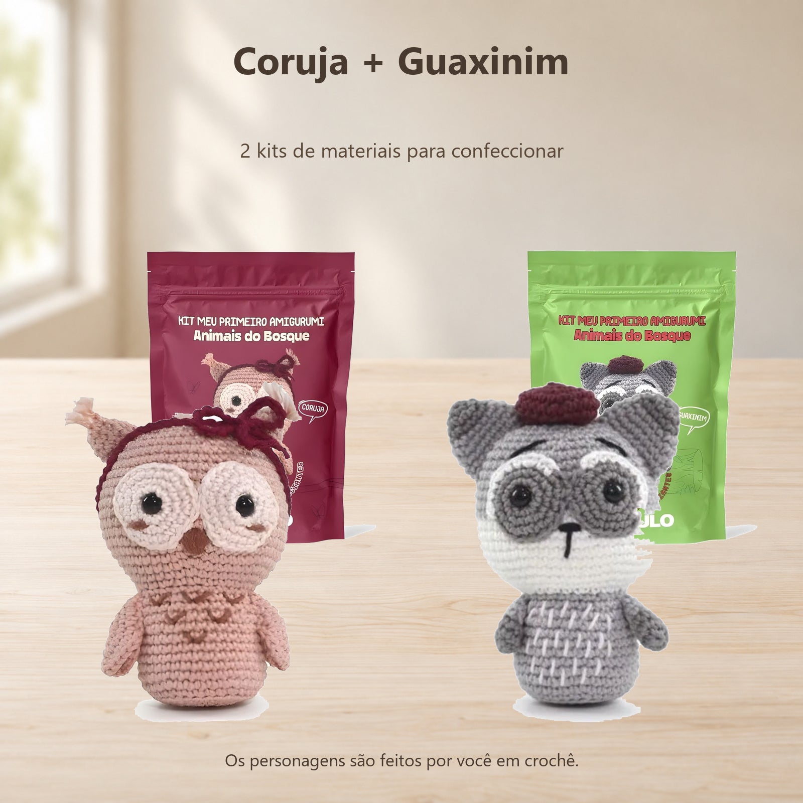 Kit Amigurumi Coruja Guaxinim Iniciante Crochê Círculo