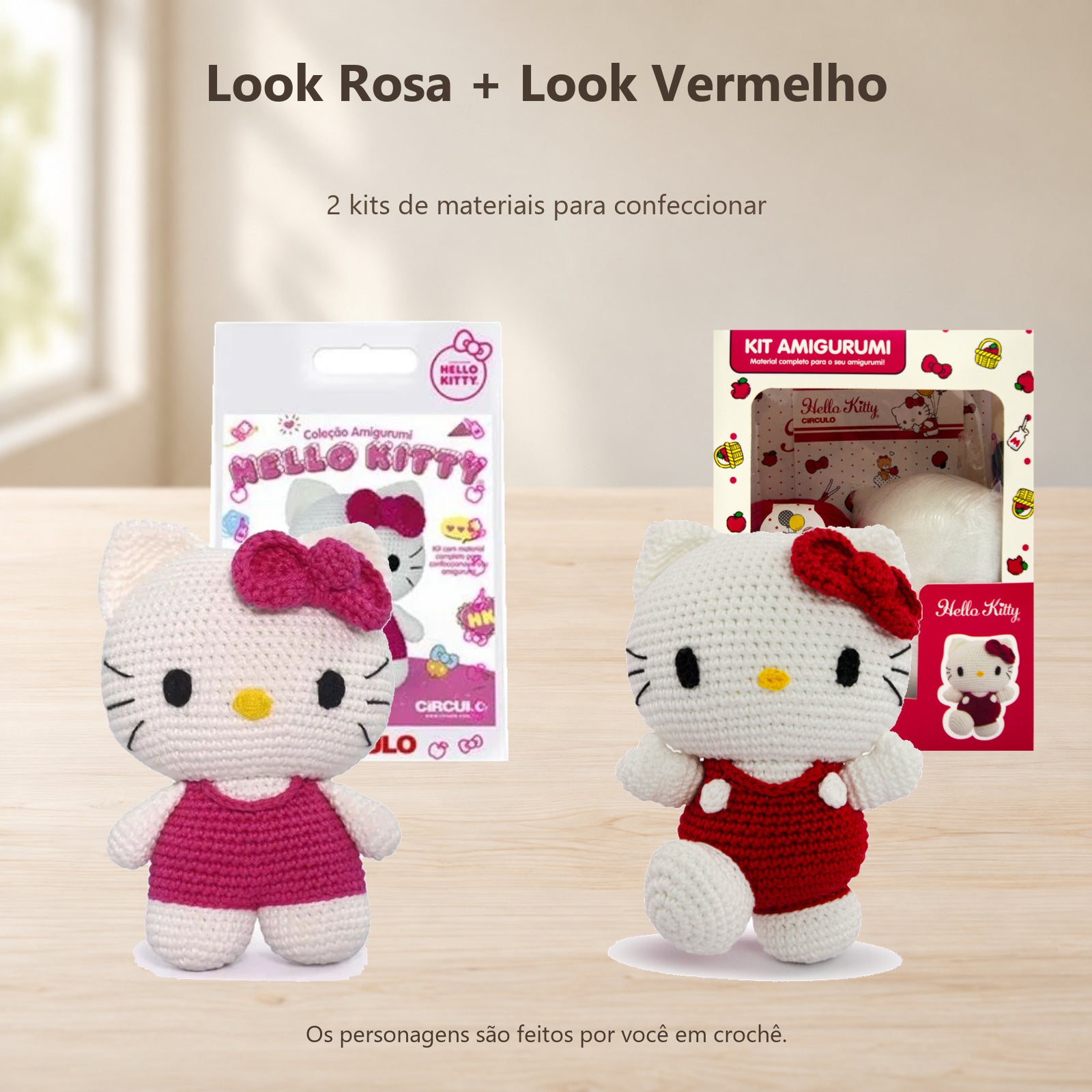 Kit 2 Hello Kitty Amigurumi Look Rosa Vermelho Círculo