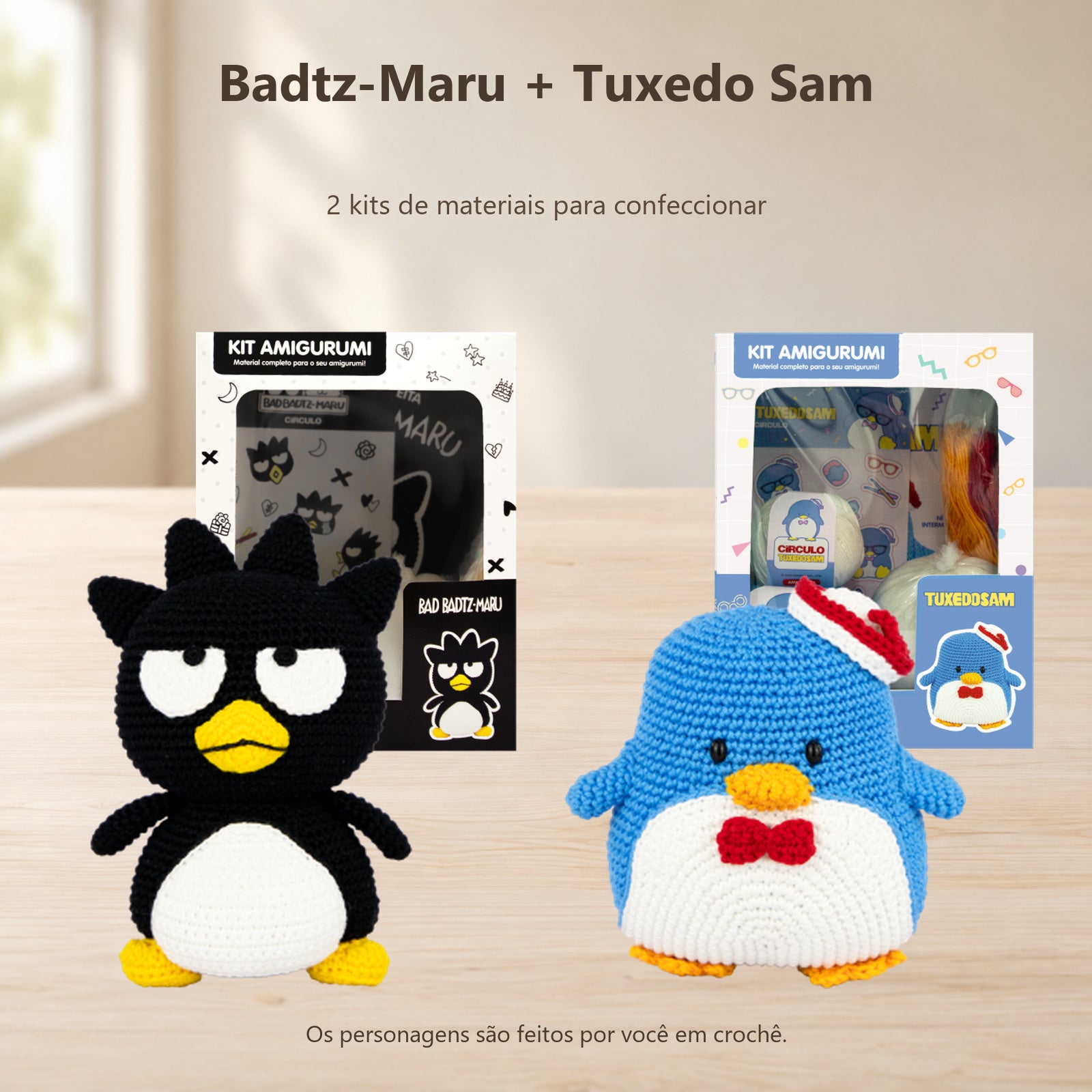 Kit 2 Amigurumis Badtz-maru Tuxedo Sam Sanrio Círculo