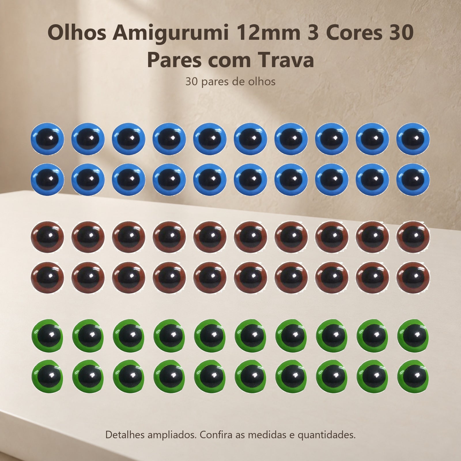 Kit 30 Pares de Olhos Amigurumi 12mm em 3 Cores com Trava