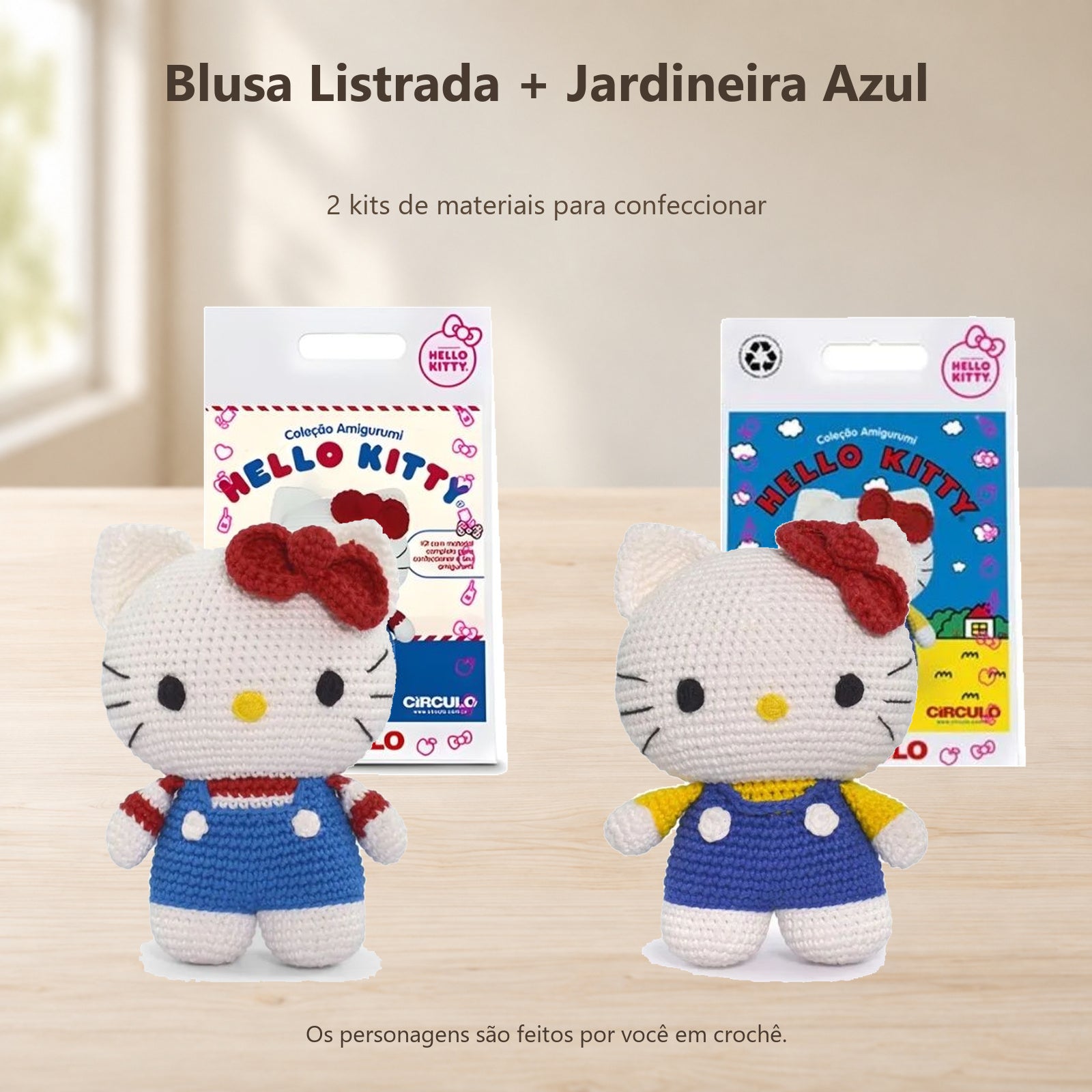 Kit 2 Hello Kitty Amigurumi Listrada Jardineira Azul