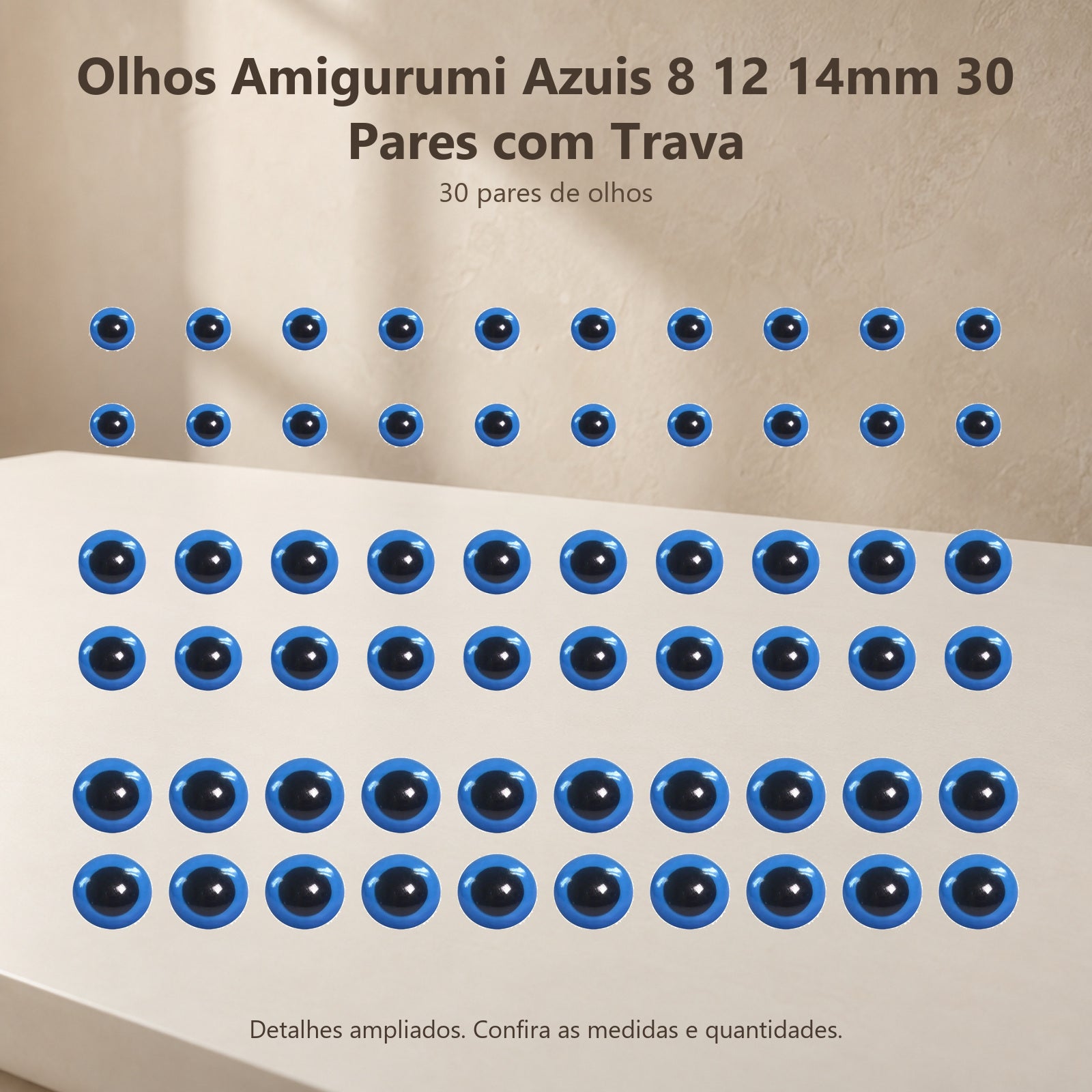 Kit 30 Pares de Olhos Amigurumi Azuis 8, 12 e 14mm