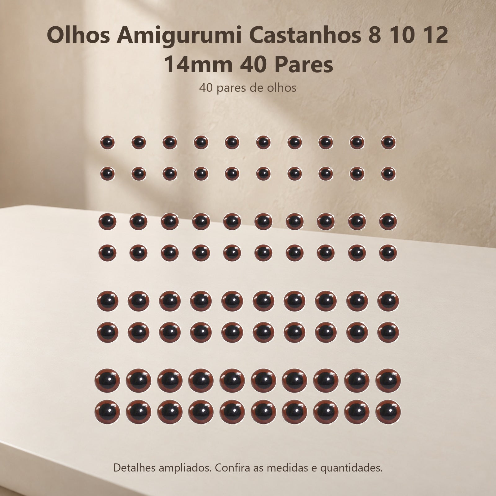 Kit 40 Pares de Olhos Amigurumi Castanhos 8, 10, 12 e 14mm