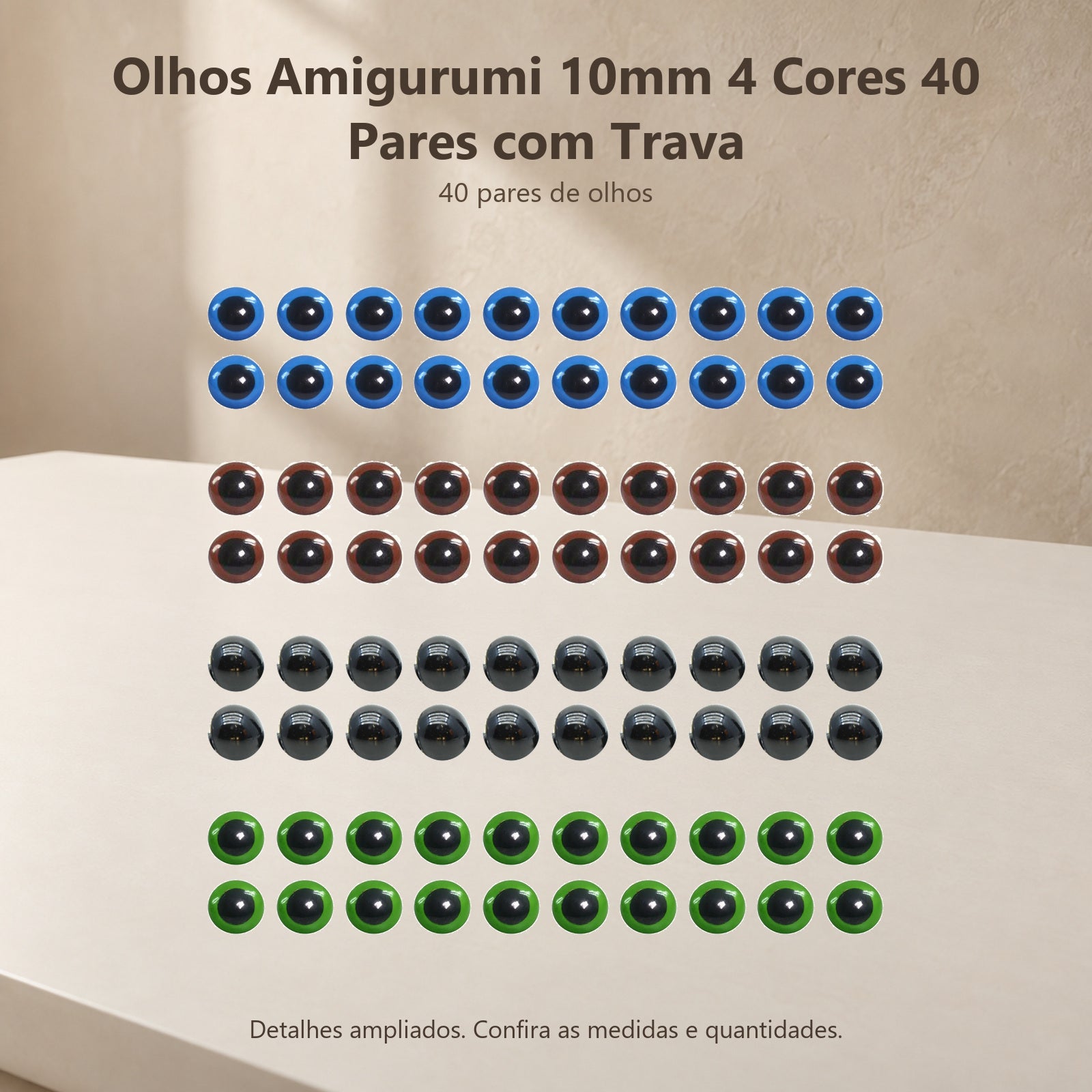 Kit 40 Pares de Olhos Amigurumi 10mm em 4 Cores com Trava