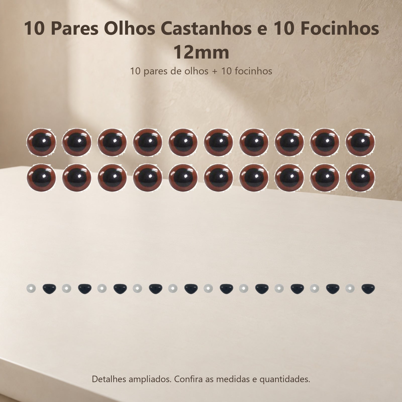 Kit 10 Pares Olhos Castanhos 10 Focinhos Amigurumi 12mm