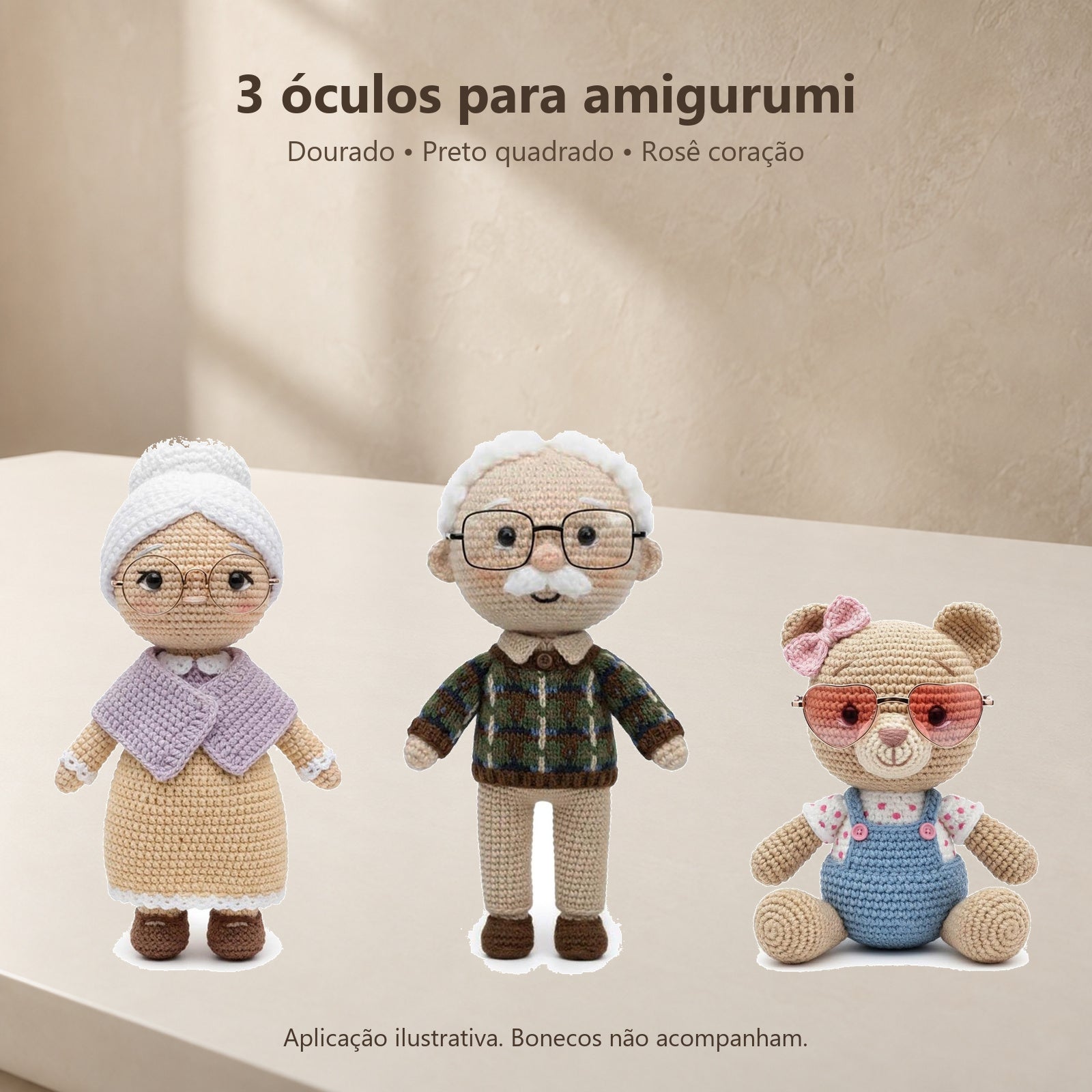 Kit 3 Óculos Amigurumi Dourado Preto Rosê Coração