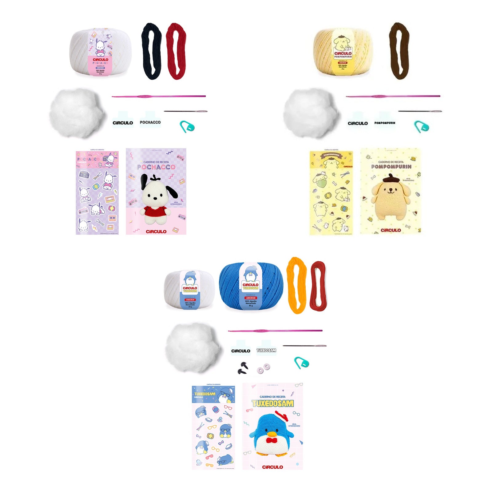 Kit 3 Amigurumis Pochacco Pompompurin Tuxedo Sam
