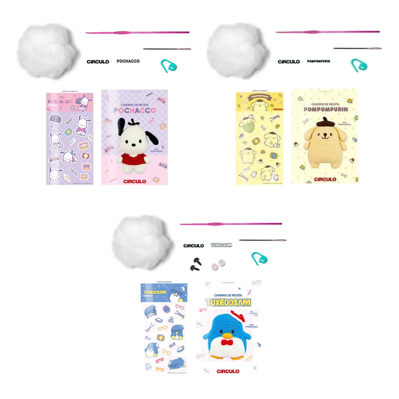 Kit 3 Amigurumis Pochacco Pompompurin Tuxedo Sam