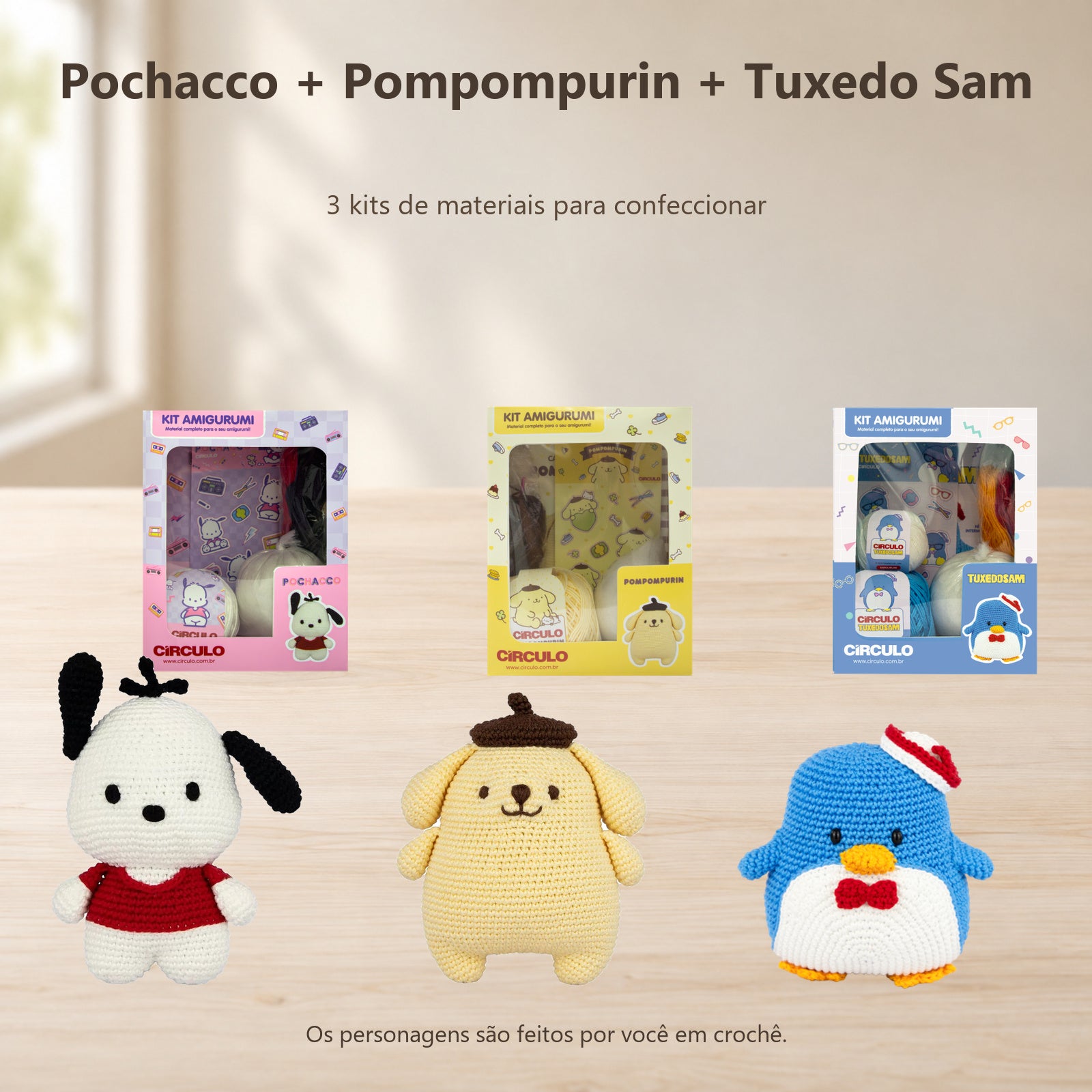 Kit 3 Amigurumis Pochacco Pompompurin Tuxedo Sam