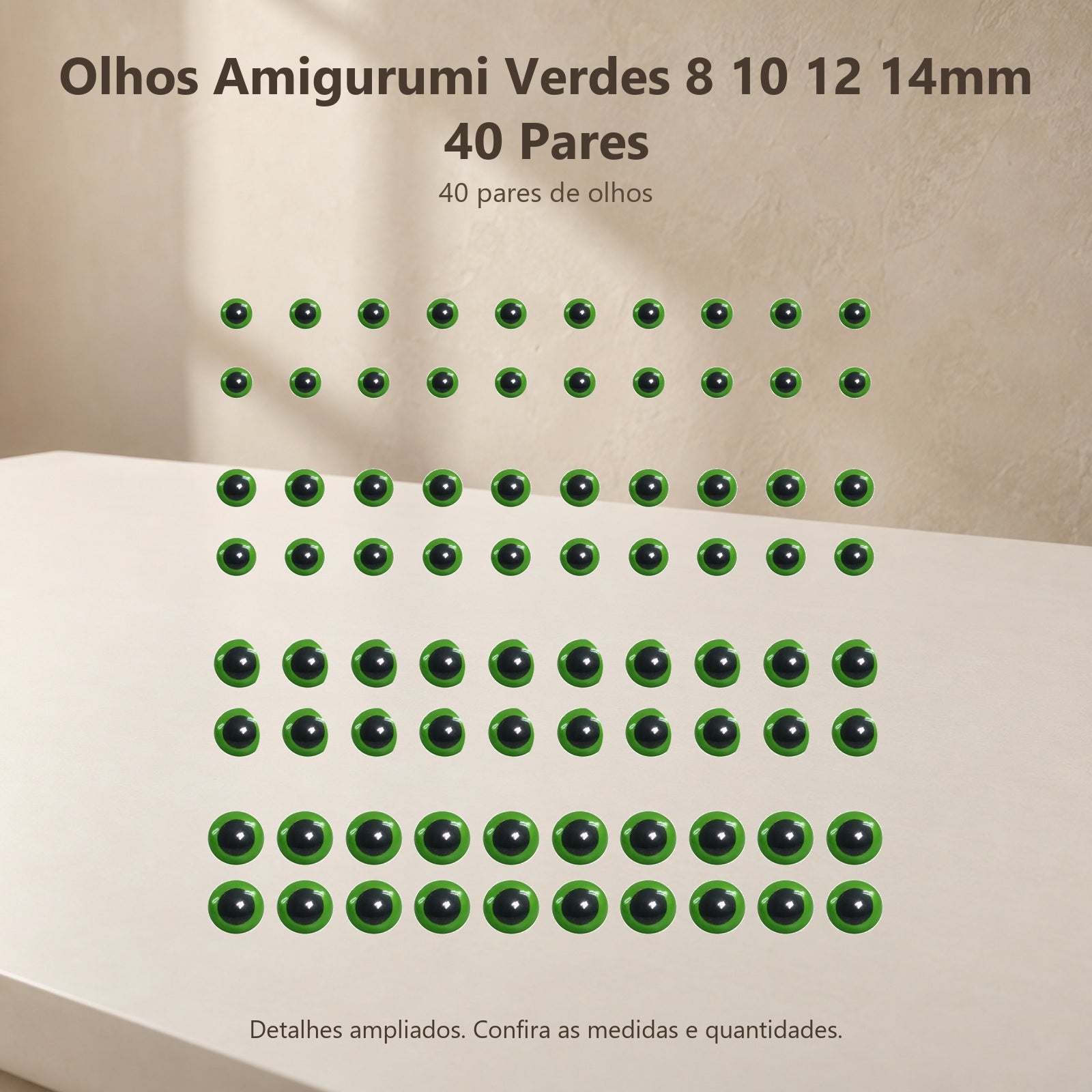 Kit 40 Pares de Olhos Amigurumi Verdes 8, 10, 12 e 14mm