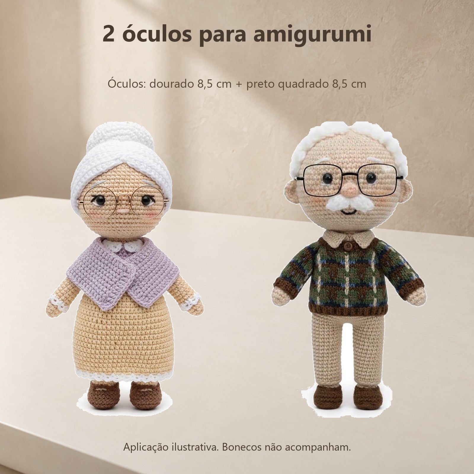 Kit 2 Óculos Amigurumi Dourado Preto Quadrado 8,5cm